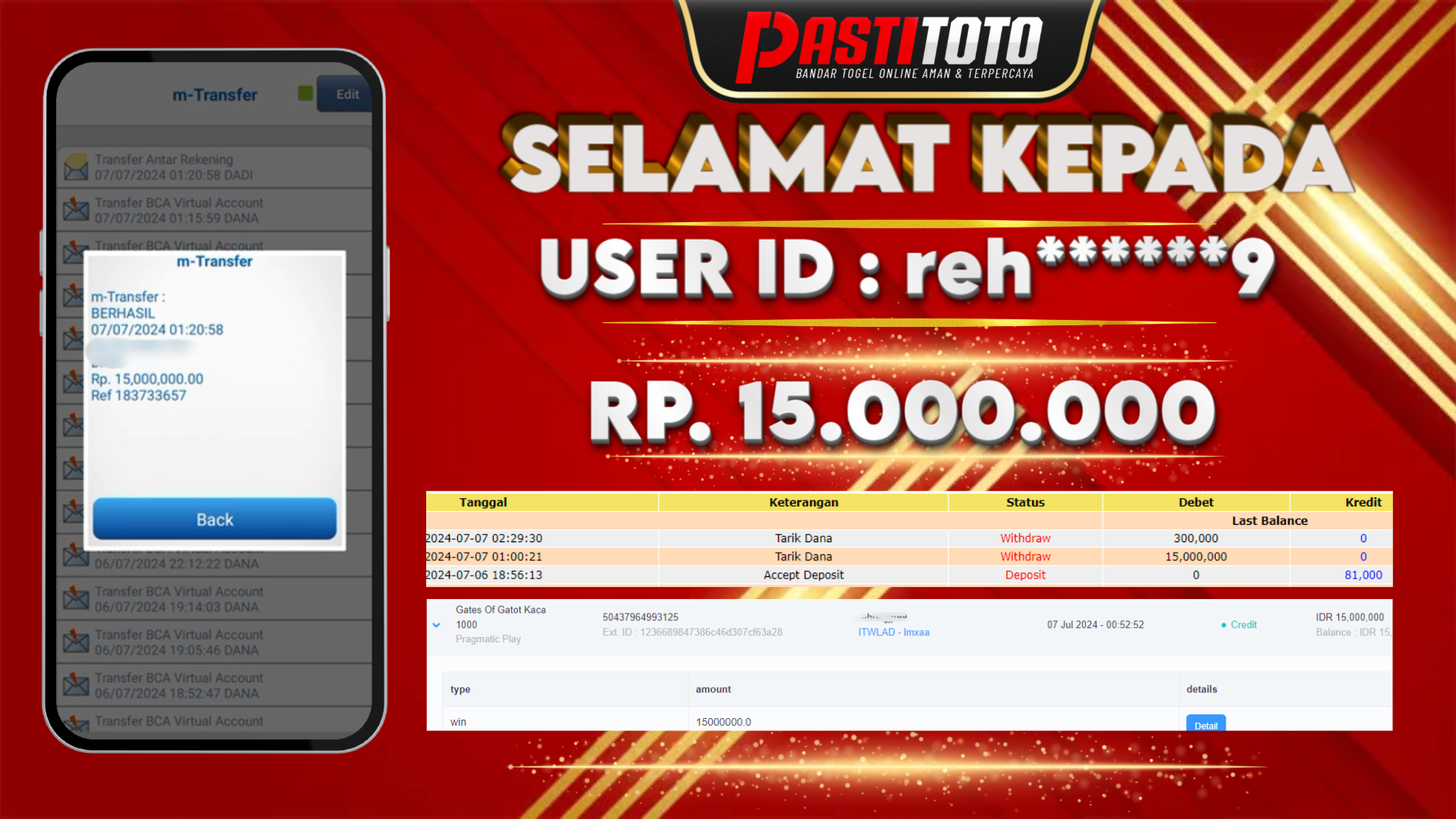 PASTITOTO JACKPOT SLOT GAME RP. 15.000.000,- LUNAS