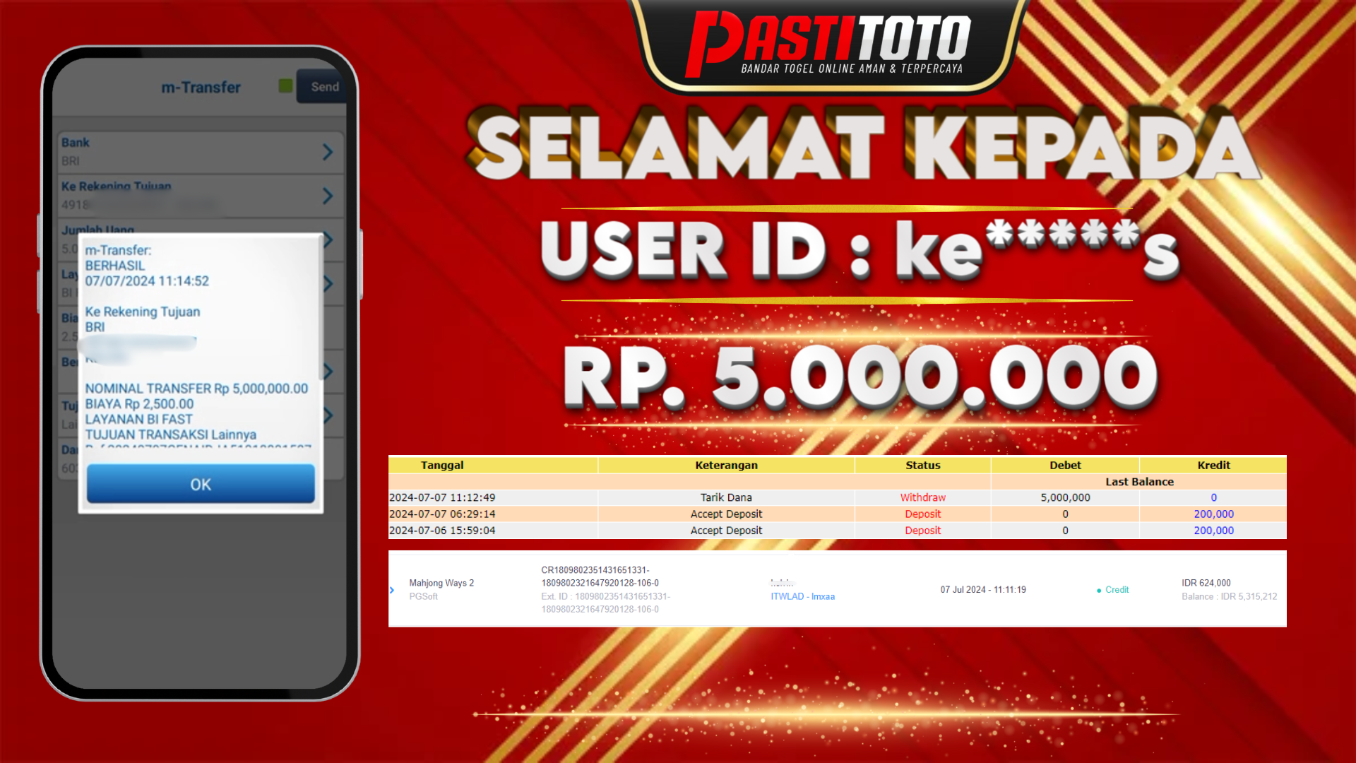 PASTITOTO JACKPOT SLOT GAME RP. 5.000.000,- LUNAS