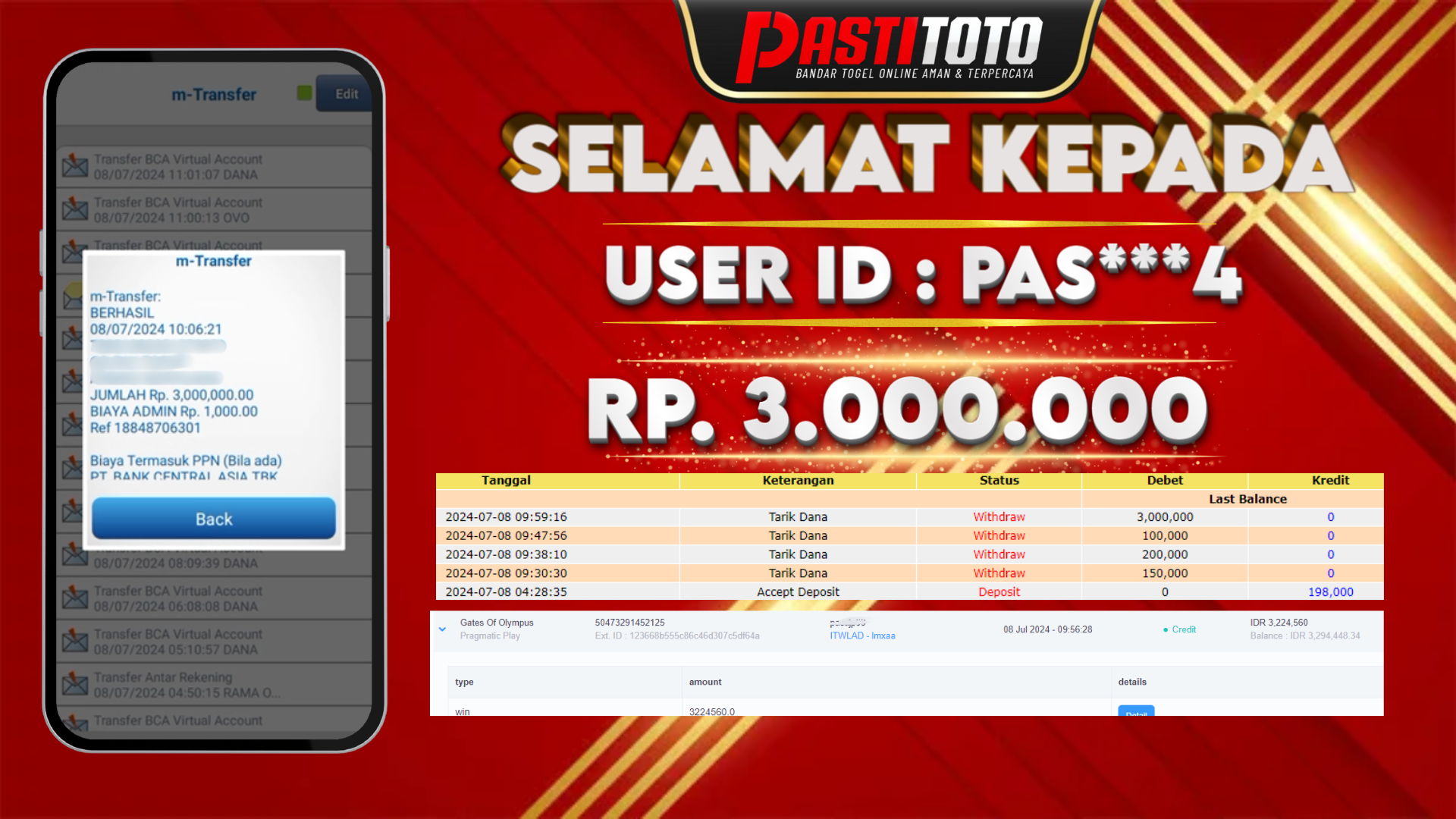 PASTITOTO JACKPOT SLOT GAME RP. 3.000.000,- LUNAS