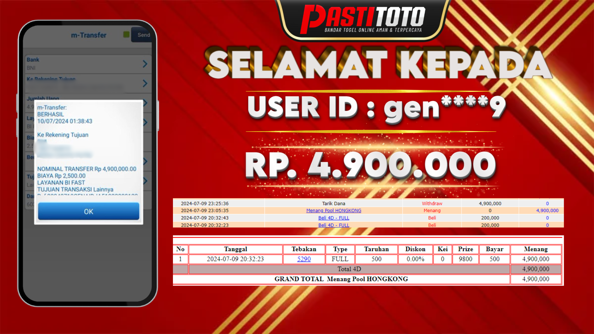 PASTITOTO JACKPOT TOGEL HONGKONG RP. 4.900.000,- LUNAS