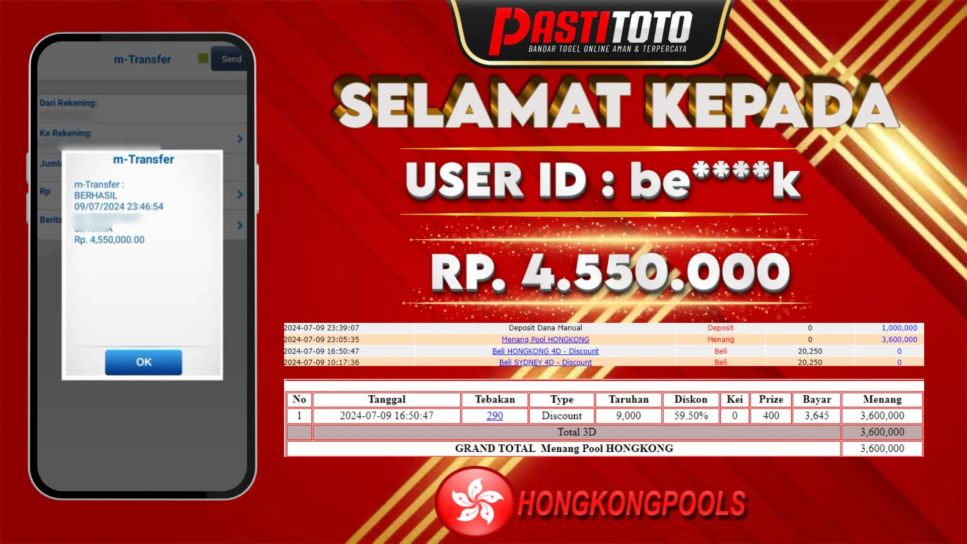 PASTITOTO JACKPOT TOGEL HONGKONG RP. 4.550.000,- LUNAS