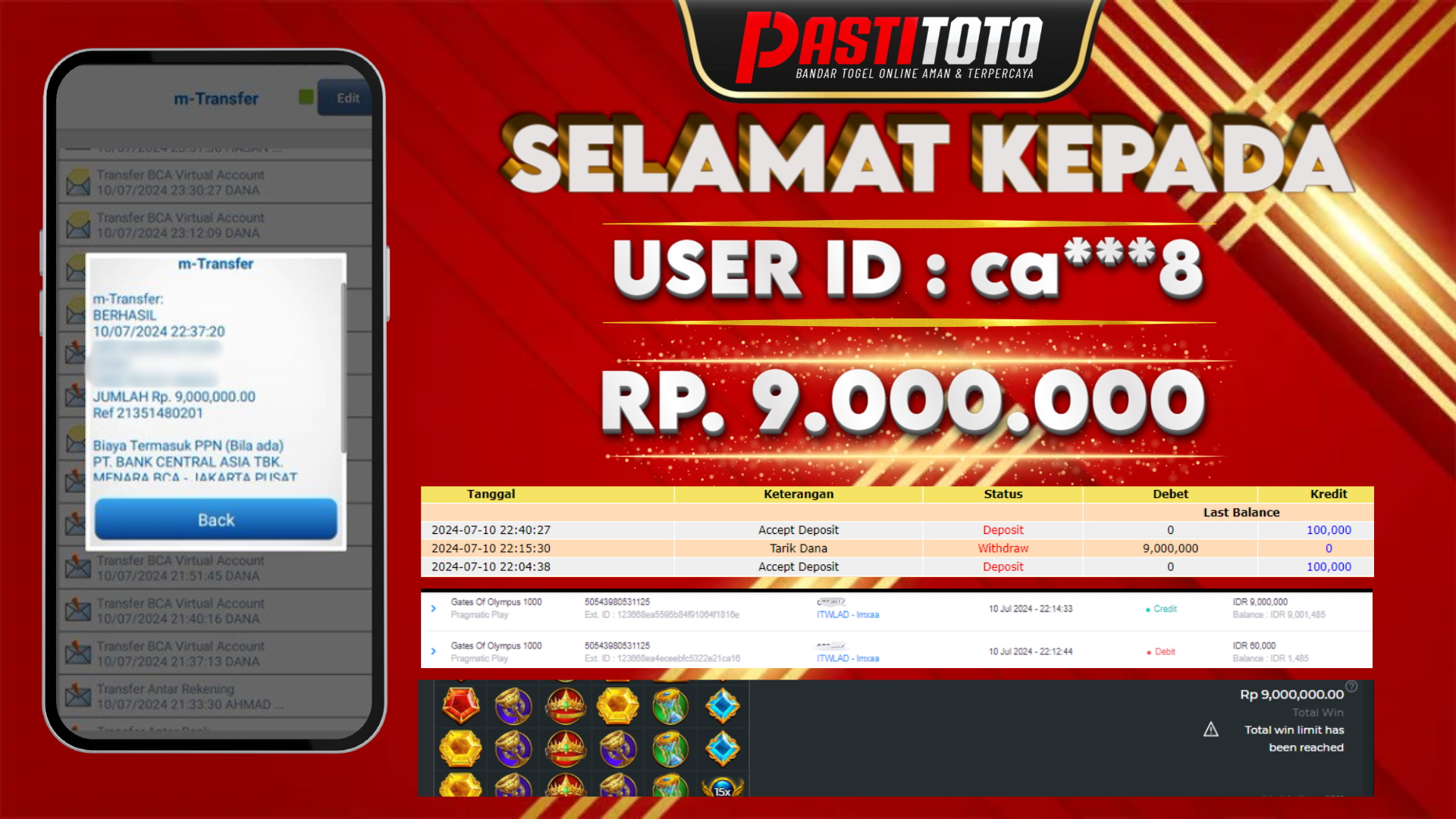 PASTITOTO JACKPOT SLOT GAME RP. 9.000.000,- LUNAS