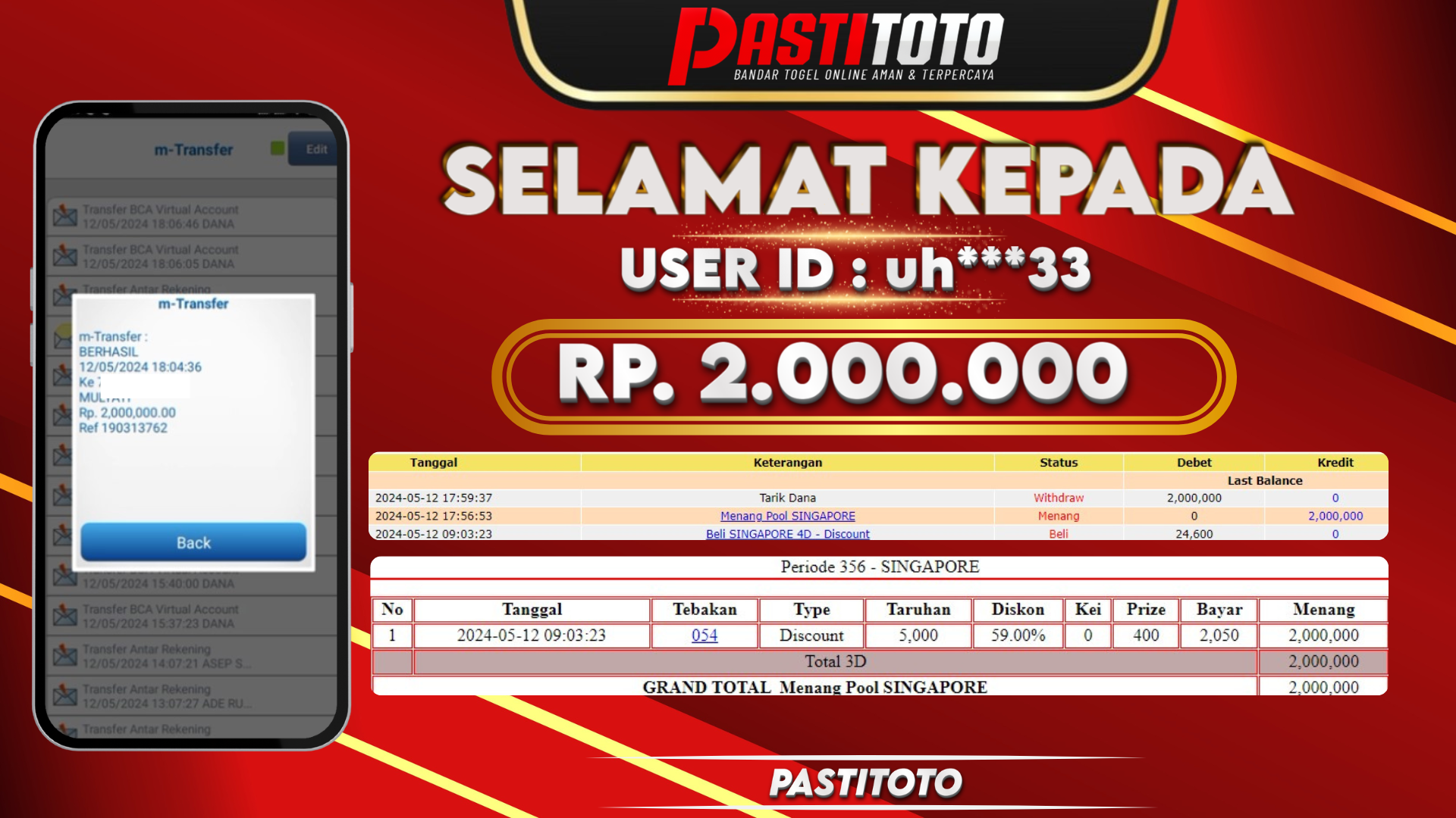 PASTITOTO JACKPOT TOGEL SINGAPORE RP. 2.000.000,- LUNAS