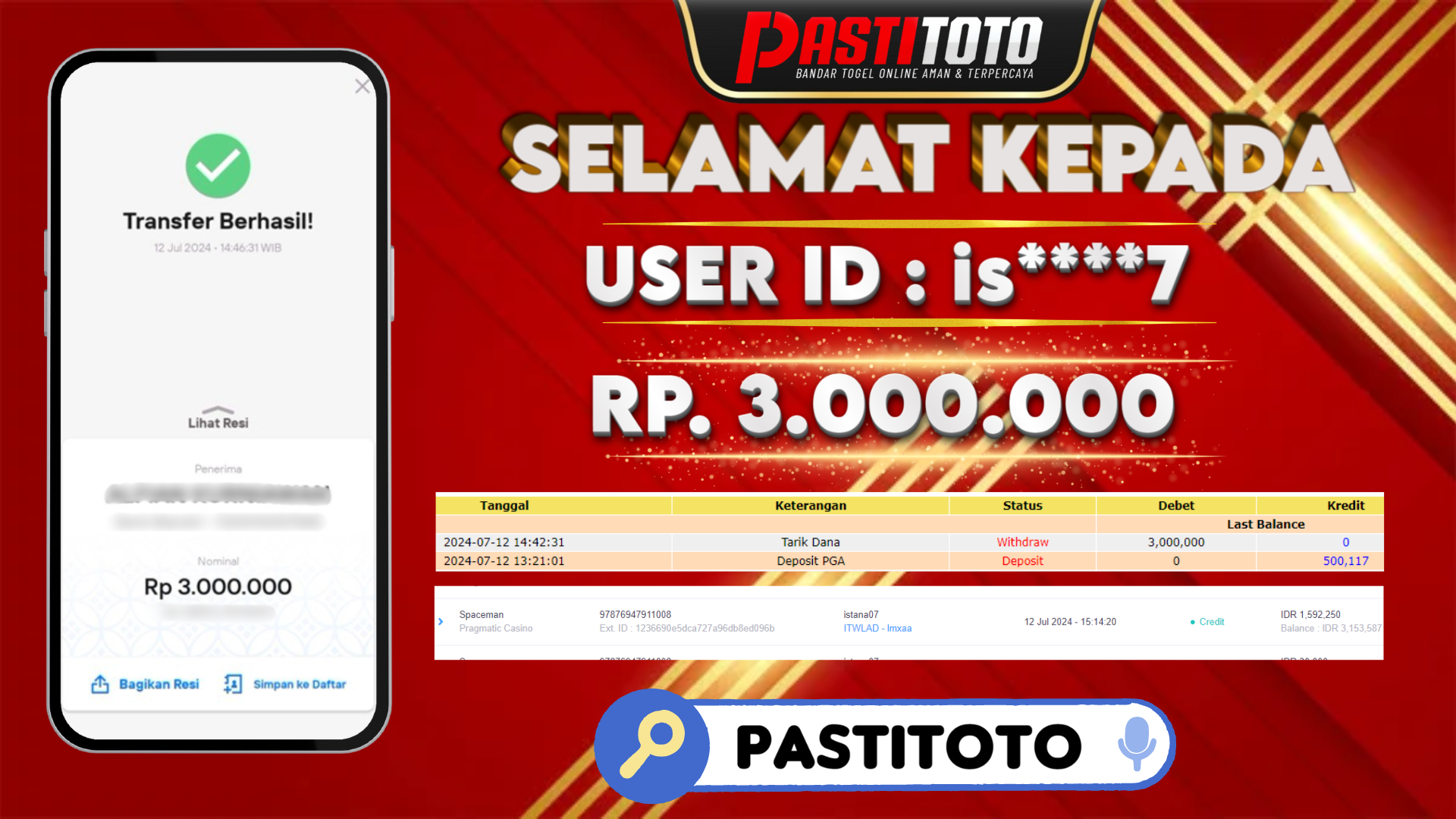 PASTITOTO JACKPOT SLOT GAME RP. 3.000.000,- LUNAS