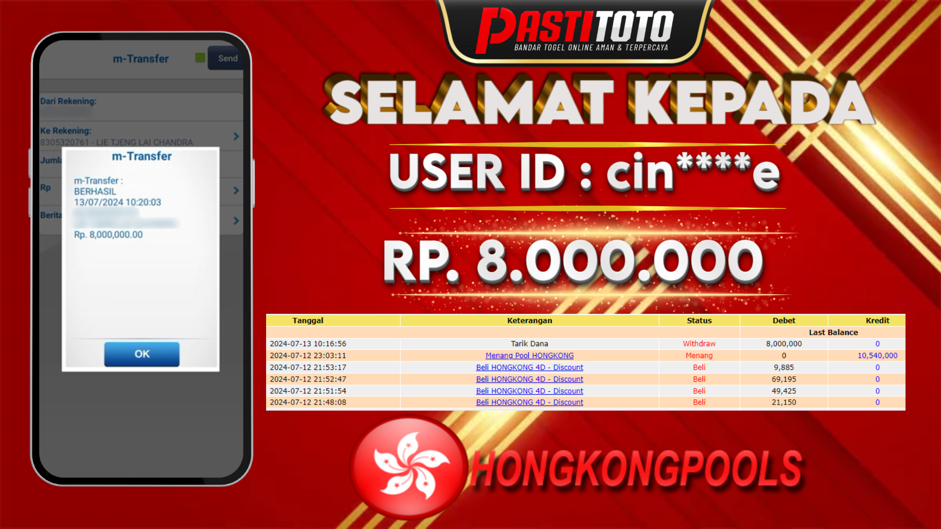 PASTITOTO JACKPOT TOGEL HONGKONG RP. 8.000.000,- LUNAS