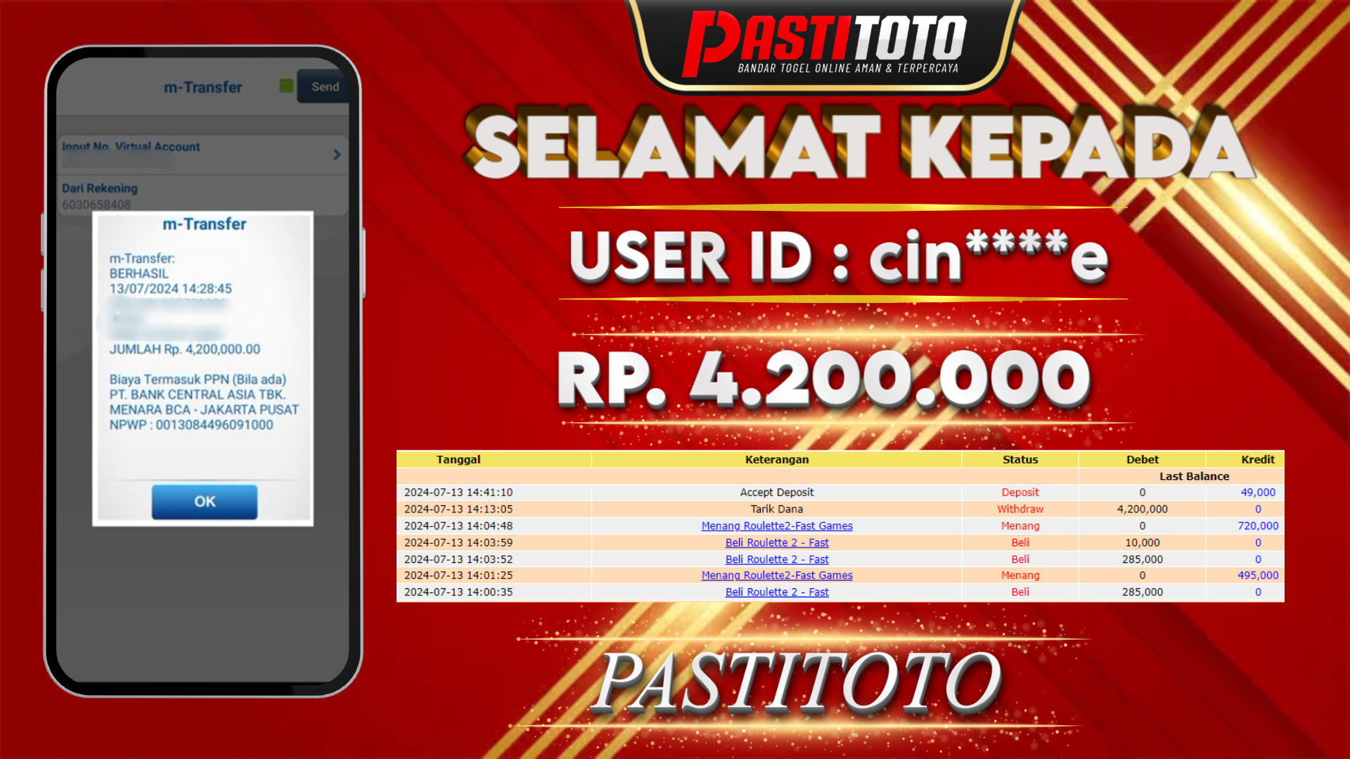 PASTITOTO JACKPOT LIVE CASINO RP. 4.200.000,- LUNAS
