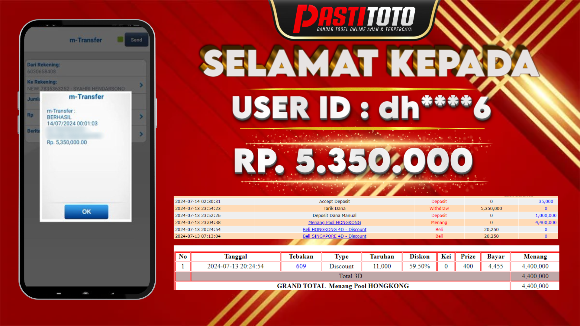 PASTITOTO JACKPOT TOGEL HONGKONG RP. 5.350.000,- LUNAS