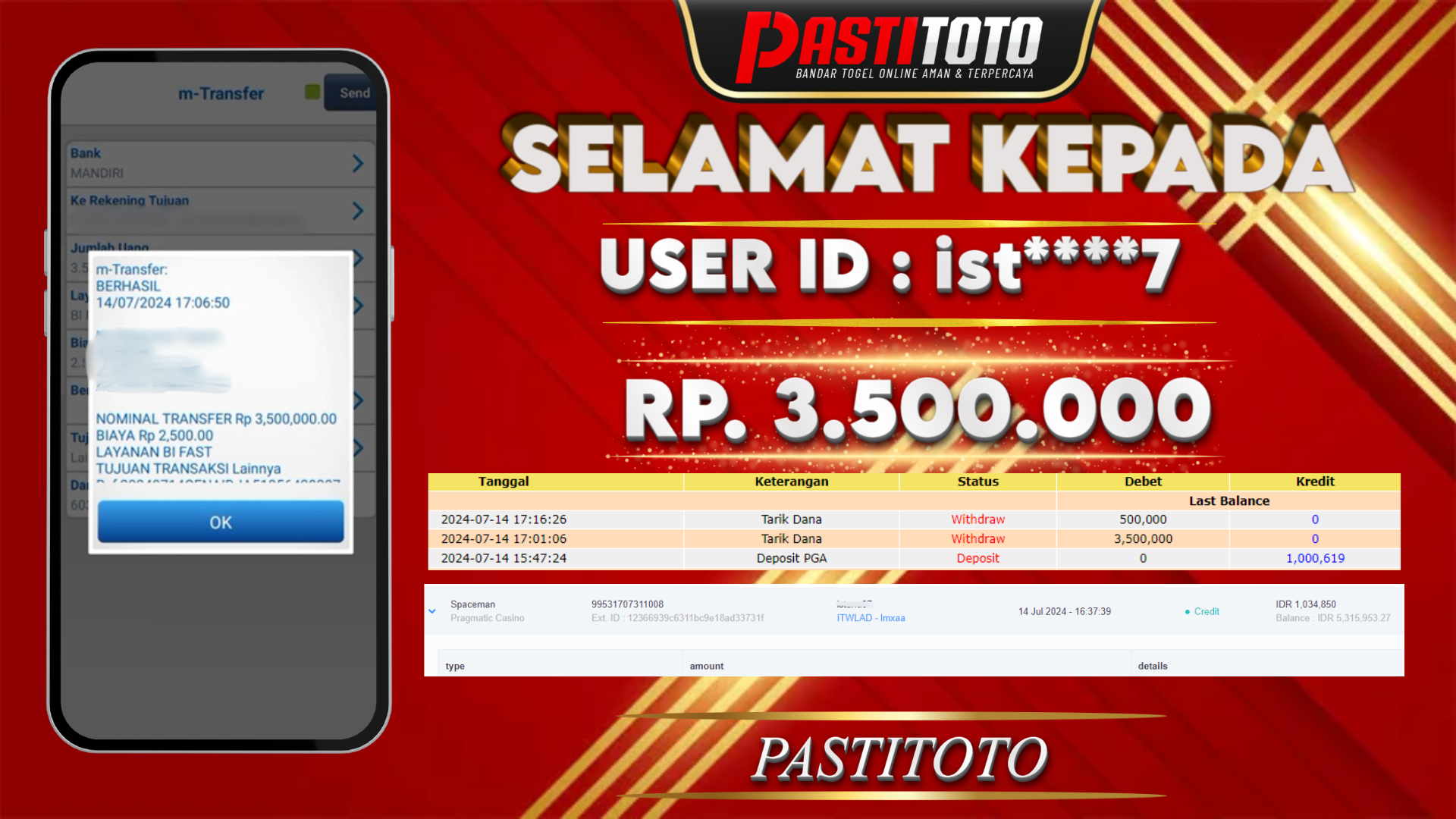 PASTITOTO JACKPOT SLOT GAME RP. 3.500.000,- LUNAS