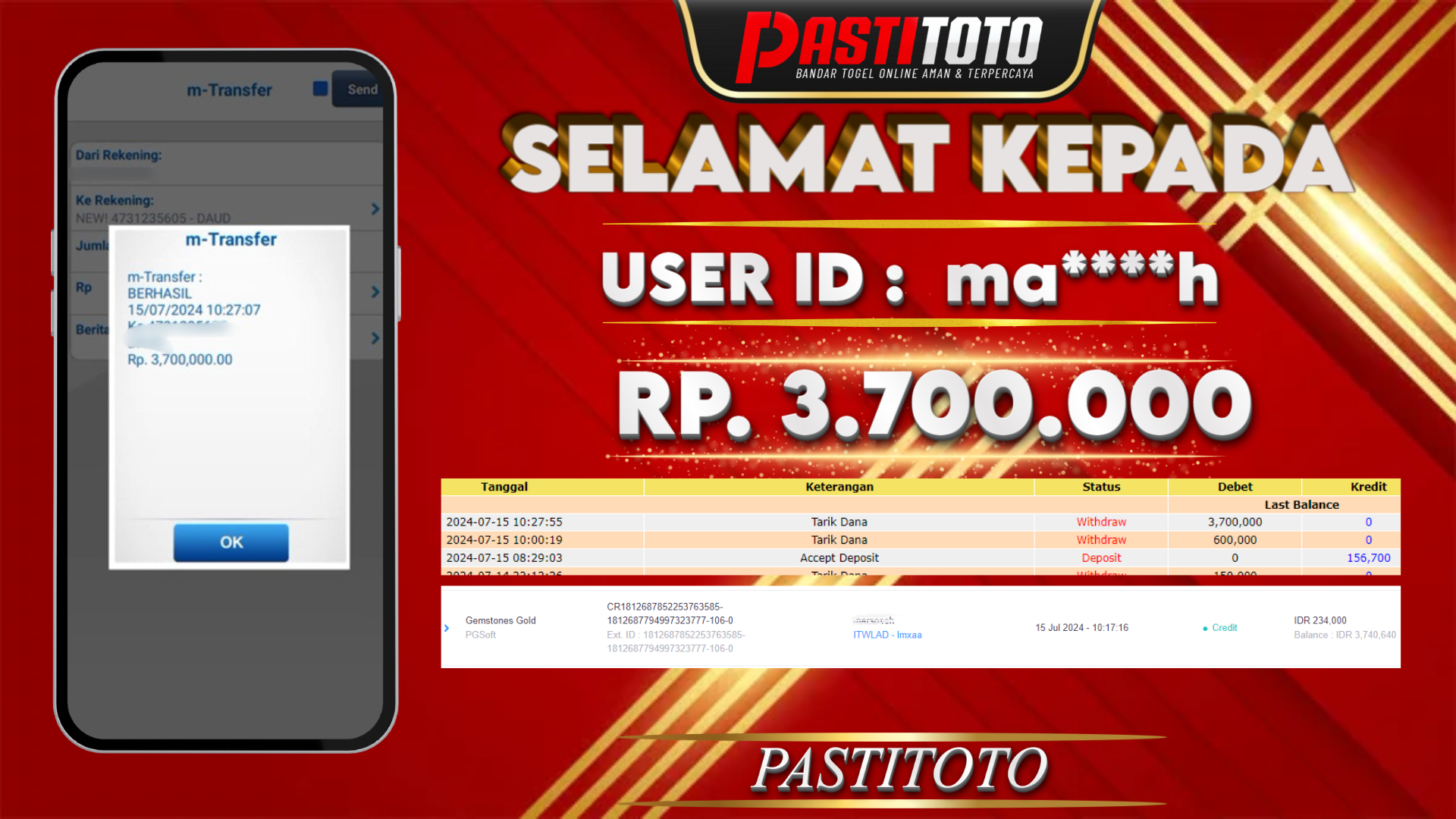 PASTITOTO JACKPOT SLOT GAME RP. 3.700.000,- LUNAS