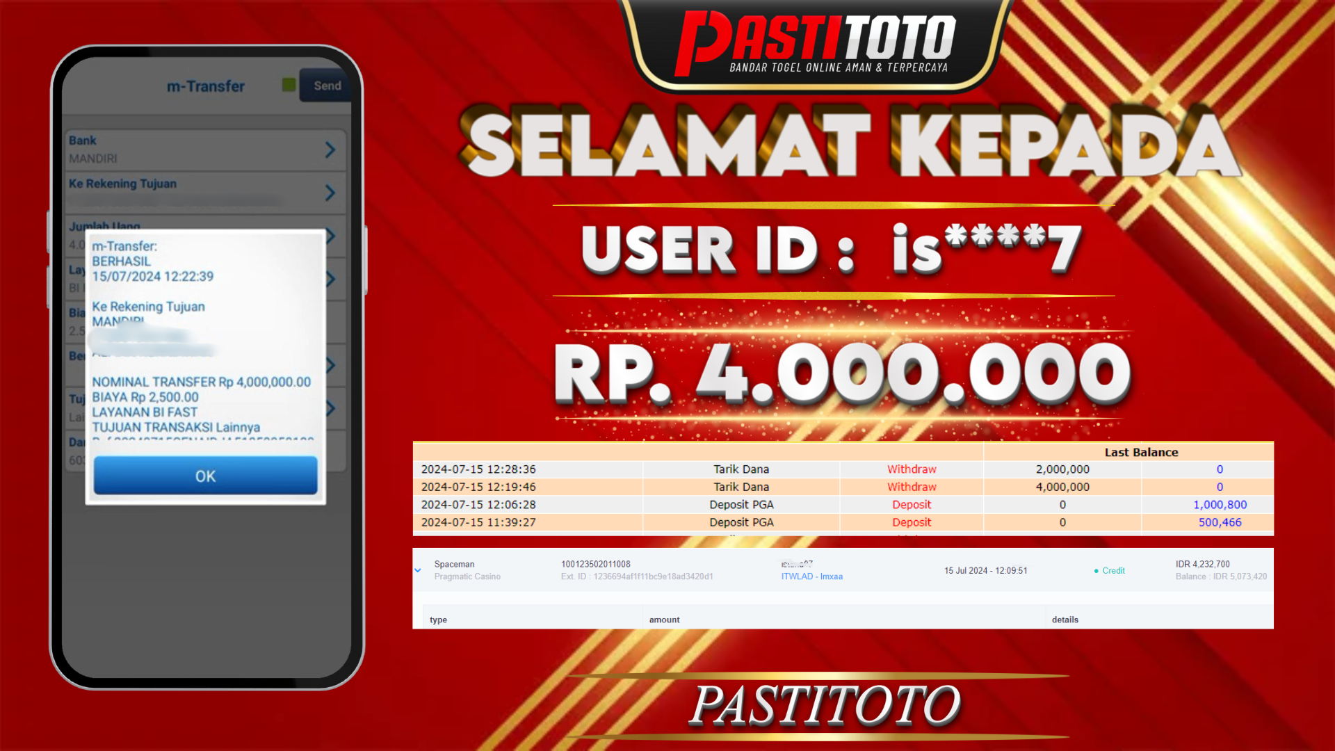 PASTITOTO JACKPOT SLOT GAME RP. 4.000.000,- LUNAS