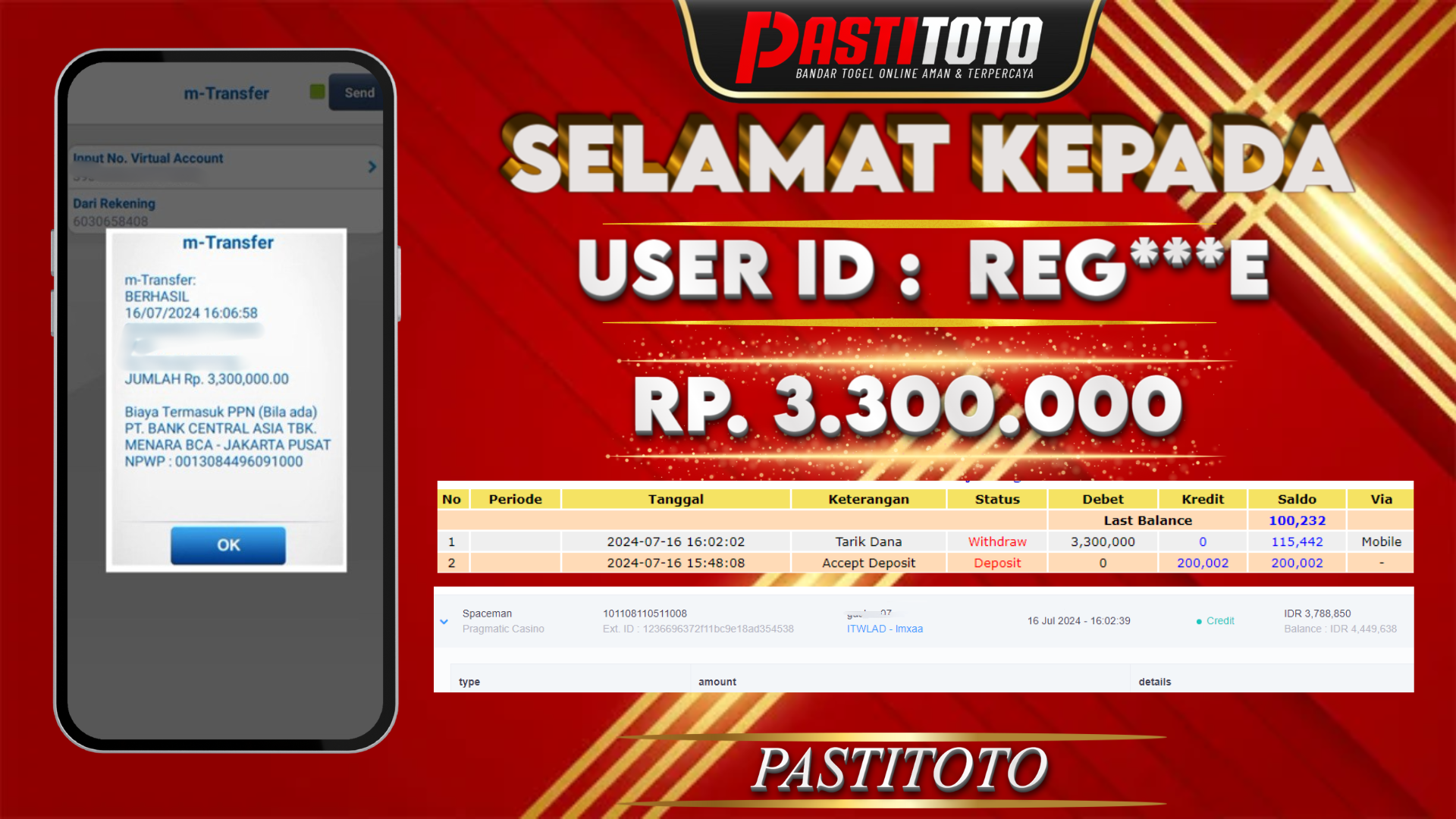 PASTITOTO JACKPOT SLOT GAME RP. 3.300.000,- LUNAS