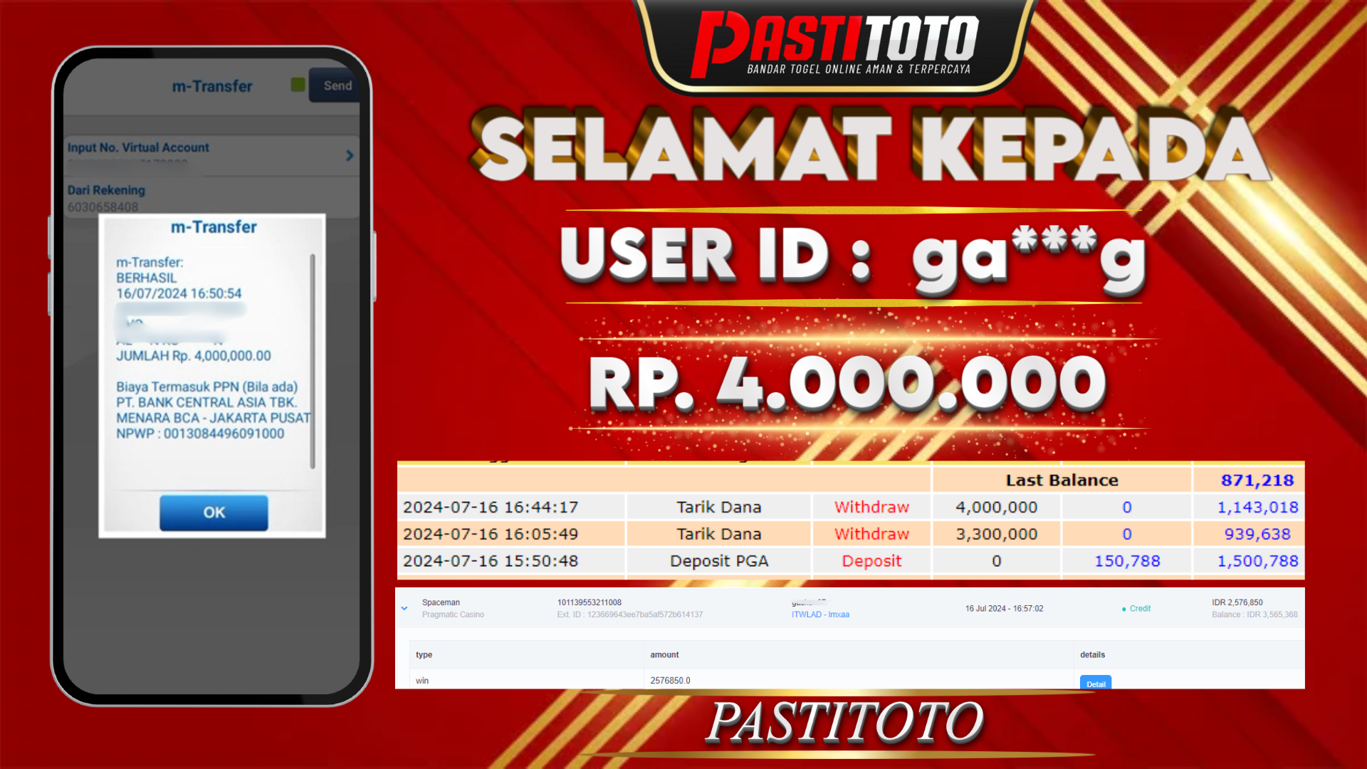 PASTITOTO JACKPOT SLOT GAME RP. 4.000.000,- LUNAS