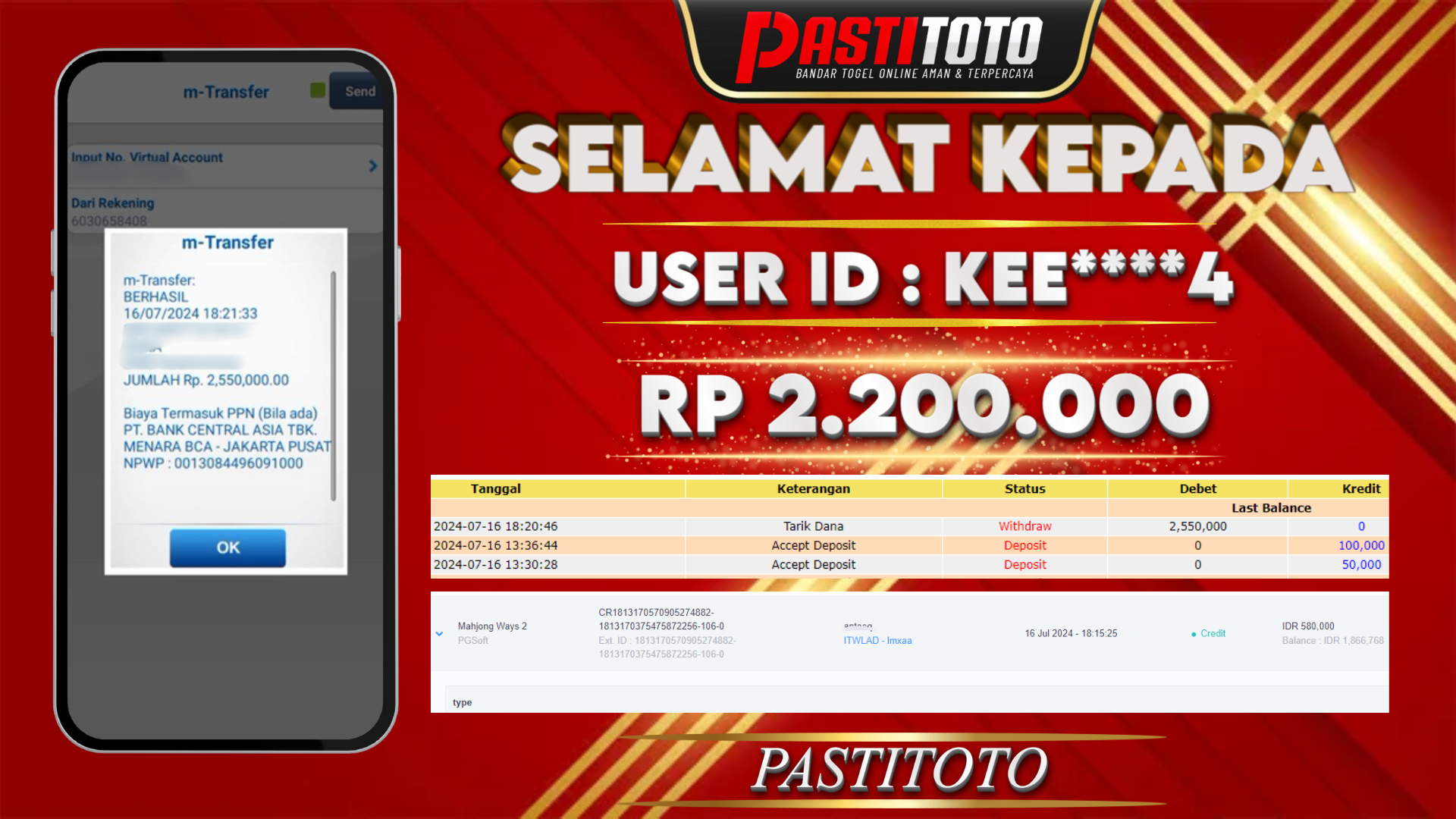 PASTITOTO JACKPOT SLOT GAME RP. 2.200.000,- LUNAS