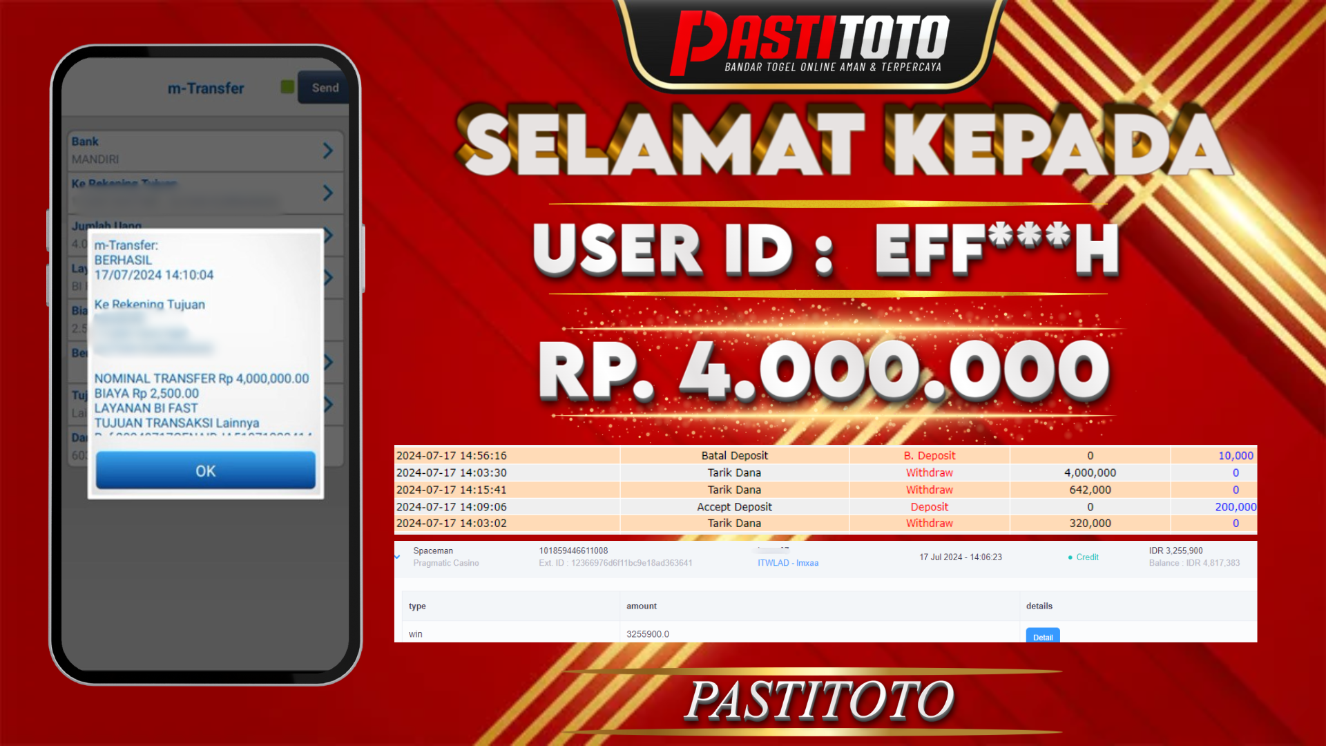 PASTITOTO JACKPOT SLOT GAME RP. 4.000.000,- LUNAS
