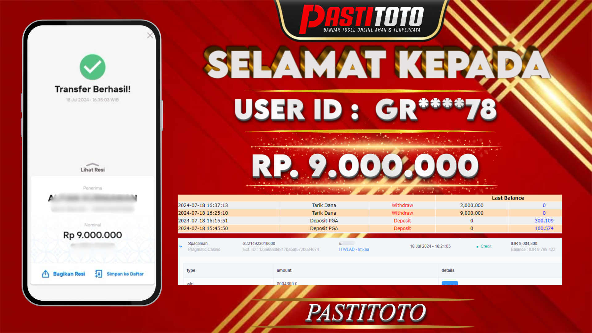 PASTITOTO JACKPOT SLOT GAME RP. 9.000.000,- LUNAS