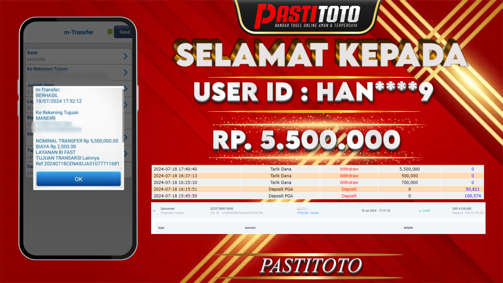 PASTITOTO JACKPOT SLOT GAME RP. 5.500.000,- LUNAS