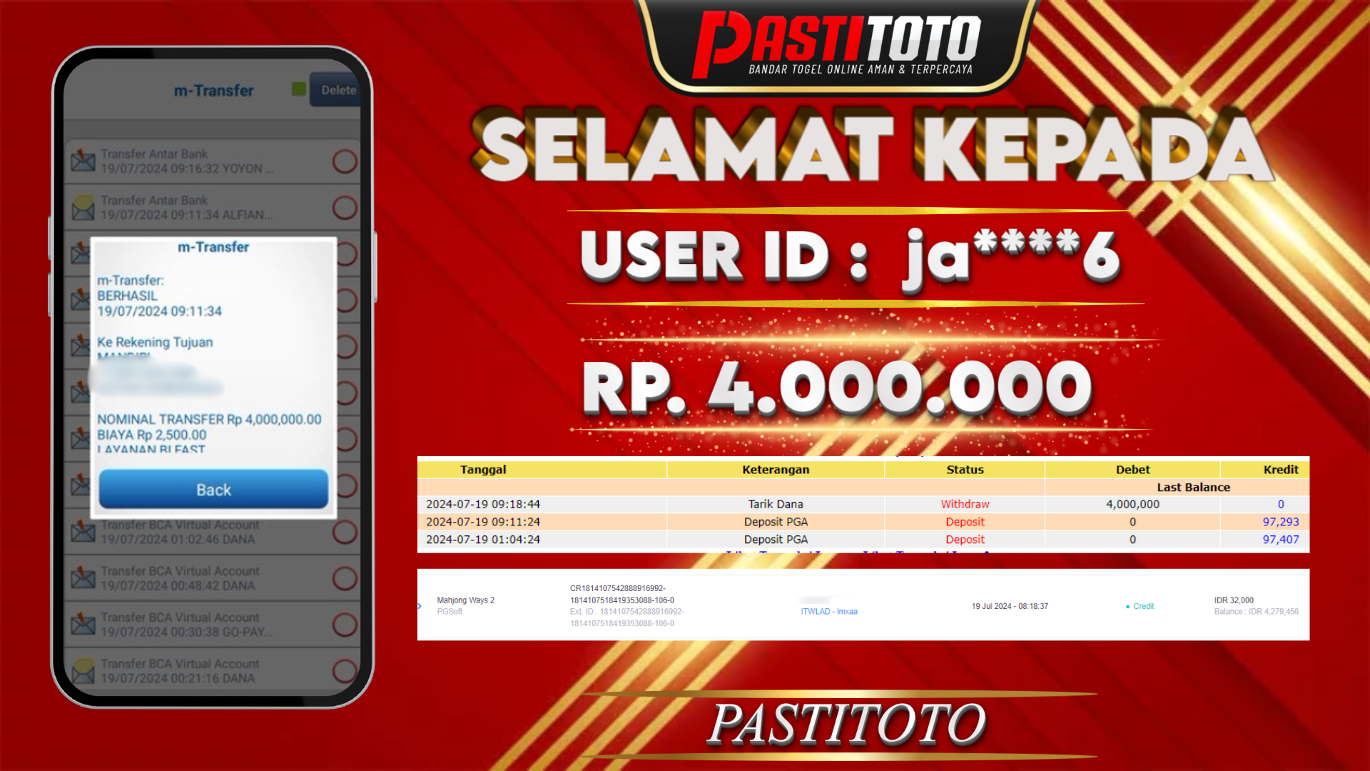 PASTITOTO JACKPOT SLOT GAME RP. 4.000.000,- LUNAS