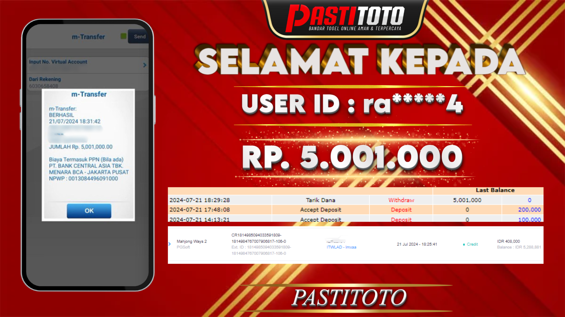 PASTITOTO JACKPOT SLOT GAME RP. 5.001.000,- LUNAS