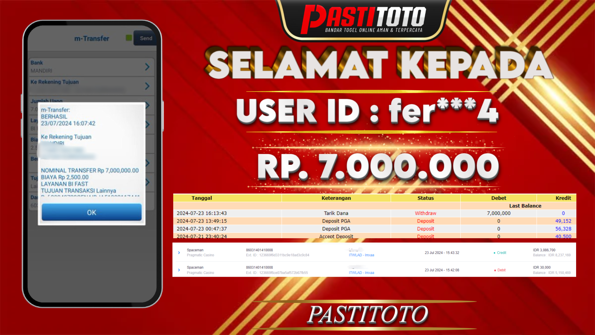 PASTITOTO JACKPOT SLOT GAME RP. 7.000.000,- LUNAS