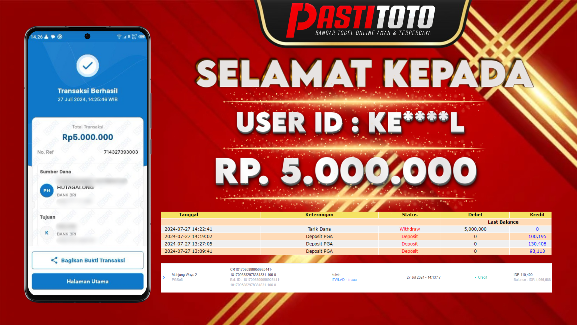 PASTITOTO JACKPOT SLOT GAME RP. 5.000.000,- LUNAS