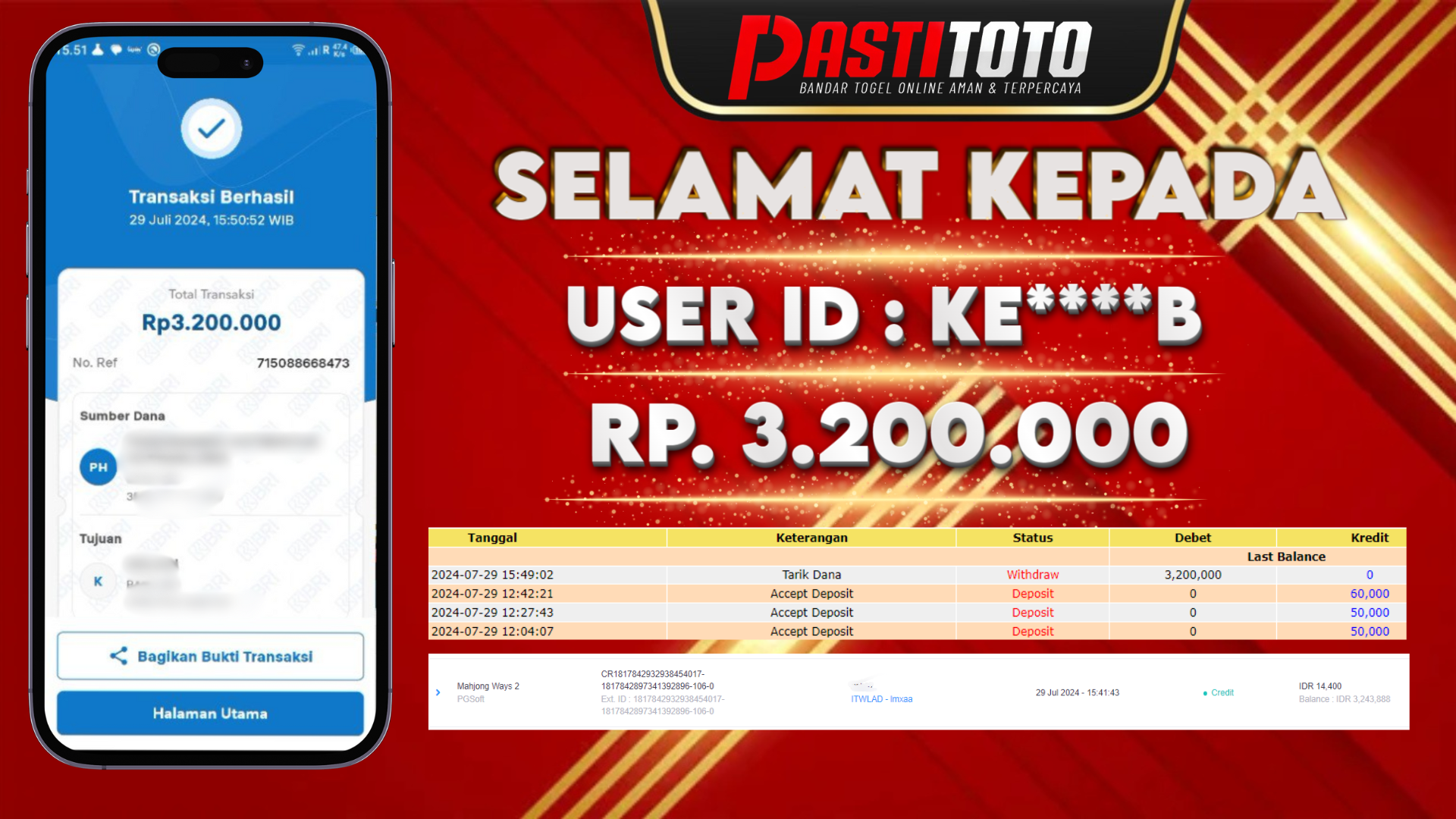 PASTITOTO JACKPOT SLOT GAME RP. 3.200.000,- LUNAS