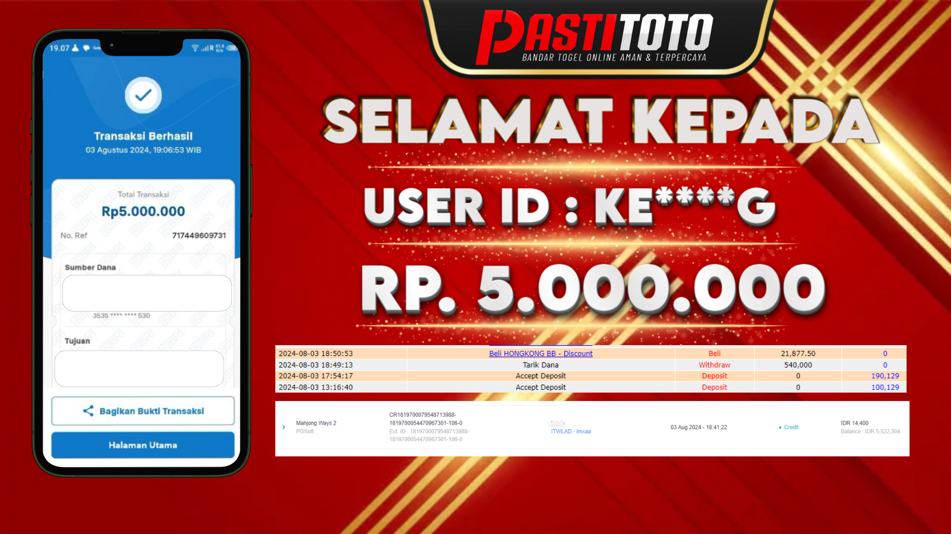 PASTITOTO JACKPOT SLOT GAME RP. 5.000.000,- LUNAS