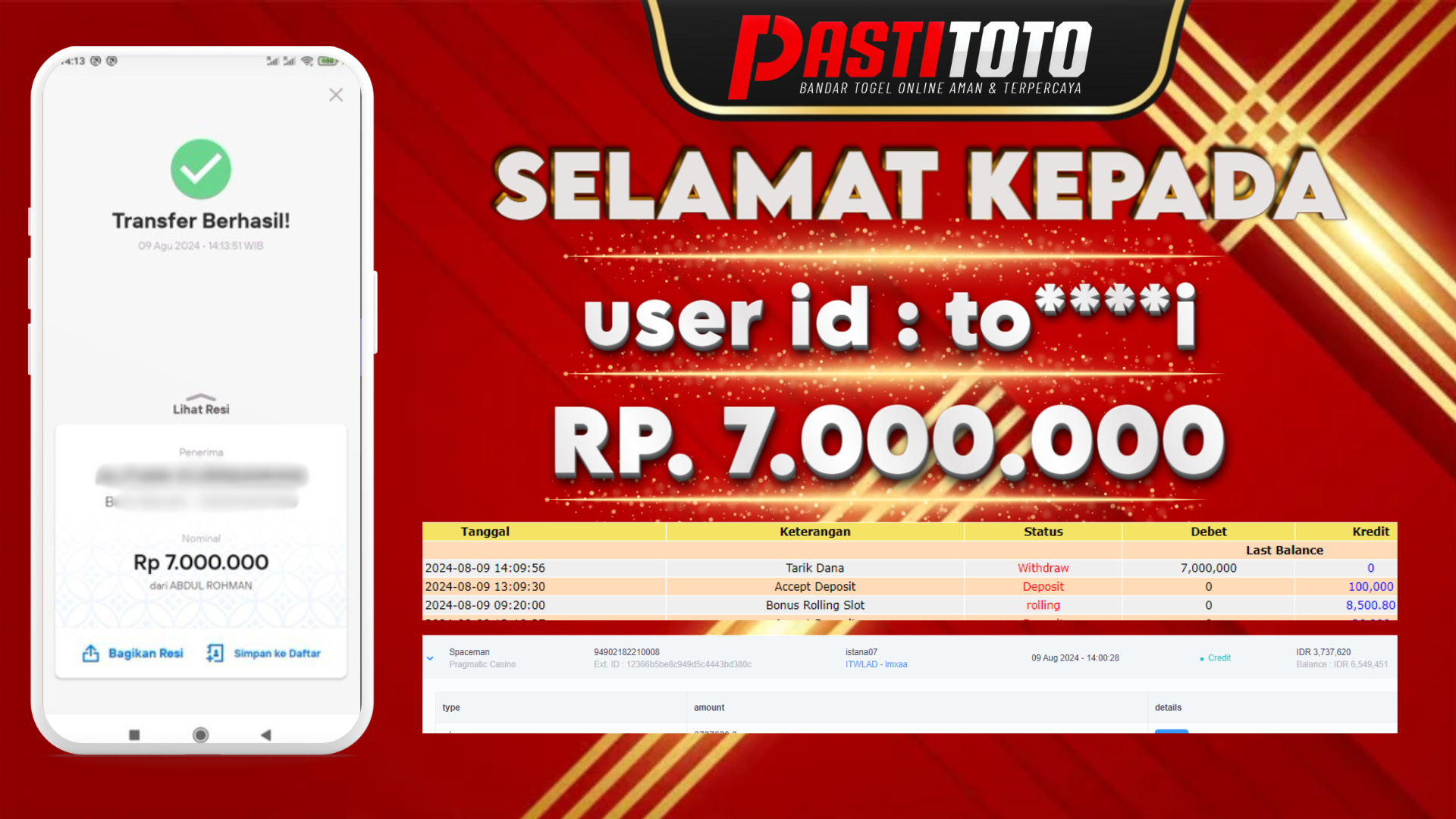 PASTITOTO JACKPOT SLOT GAME RP. 7.000.000,- LUNAS