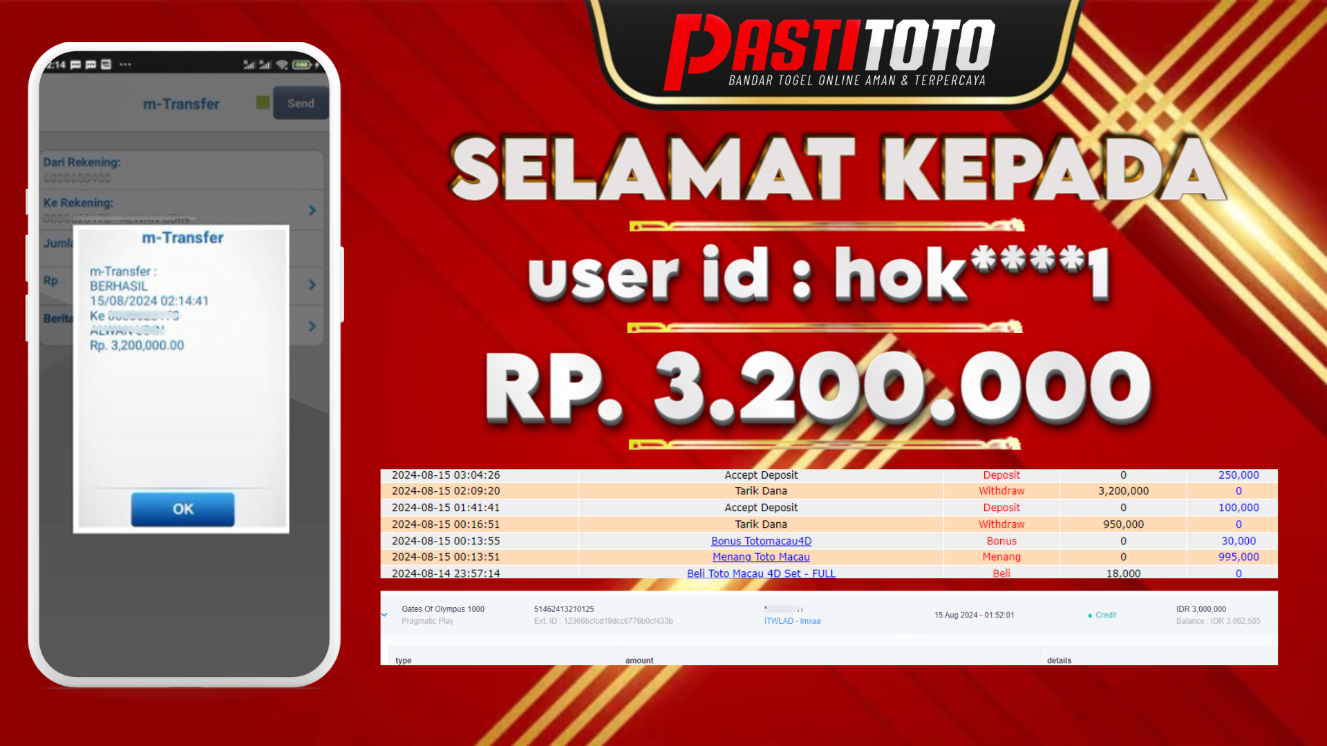 PASTITOTO JACKPOT SLOT GAME RP. 3.200.000,- LUNAS