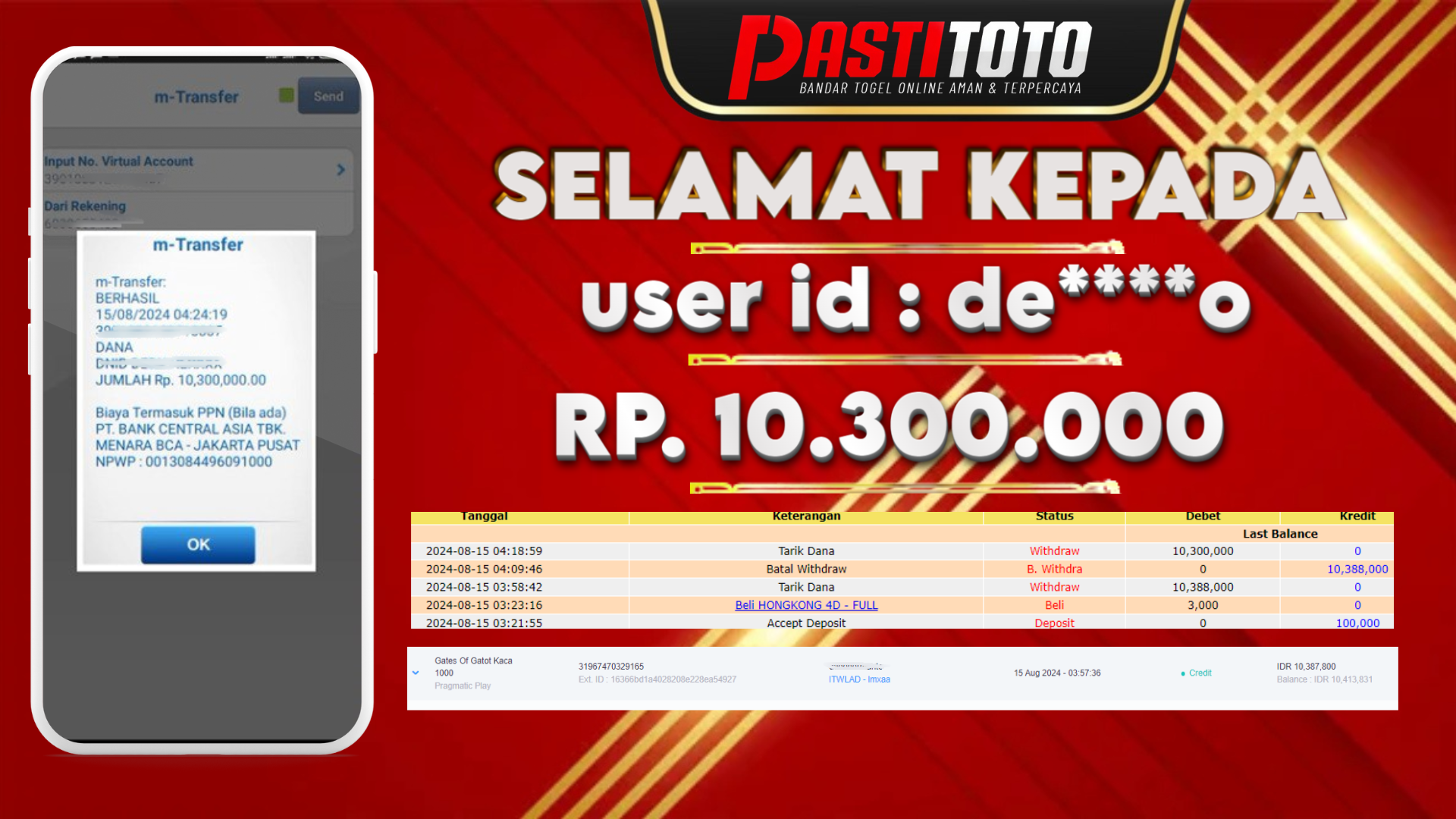 PASTITOTO JACKPOT SLOT GAME RP. 10.300.000,- LUNAS
