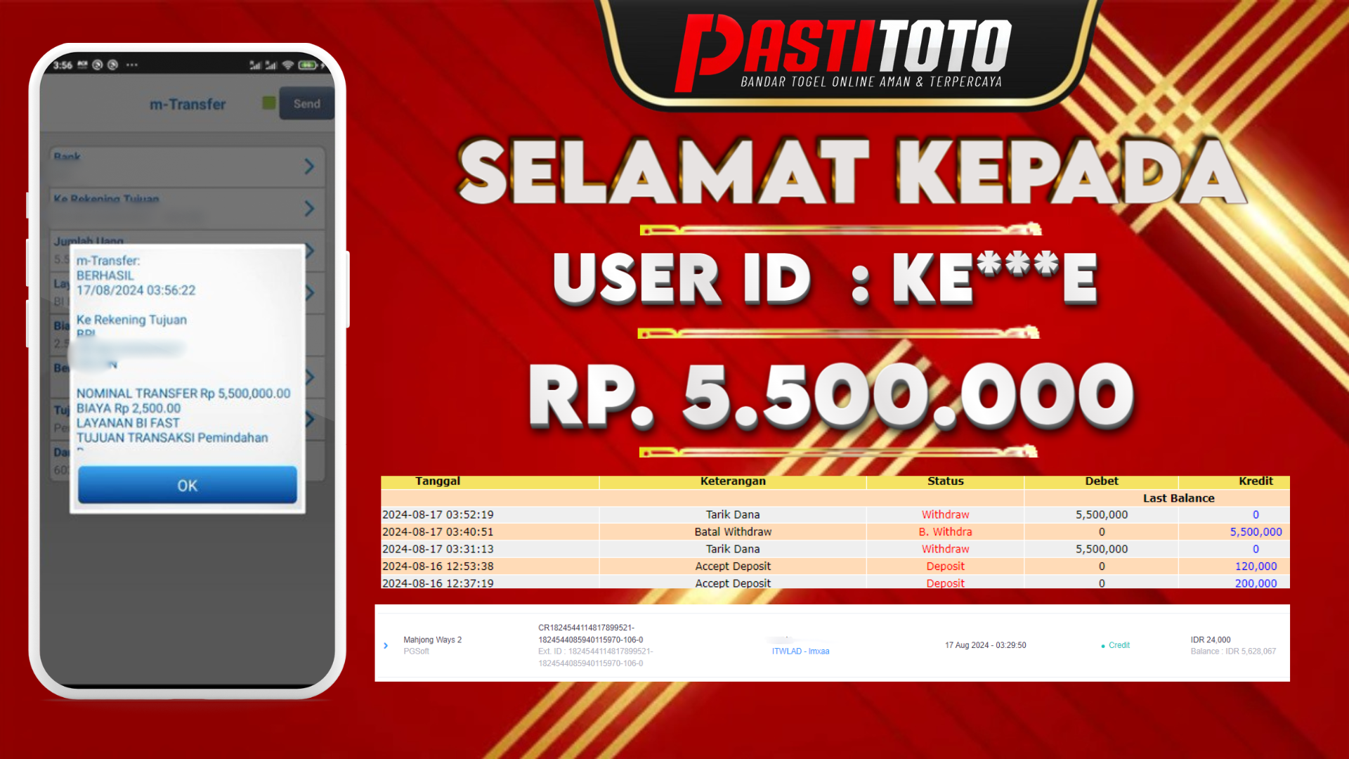 PASTITOTO JACKPOT SLOT GAME RP. 5.500.000,- LUNAS