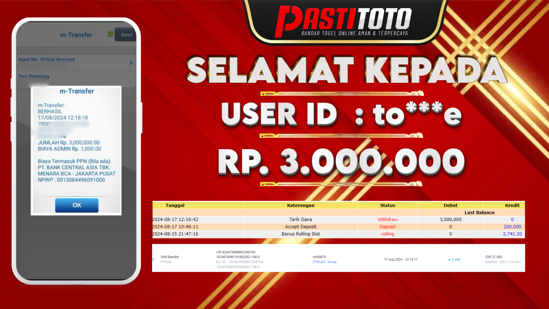PASTITOTO JACKPOT SLOT GAME RP. 3.000.000,- LUNAS