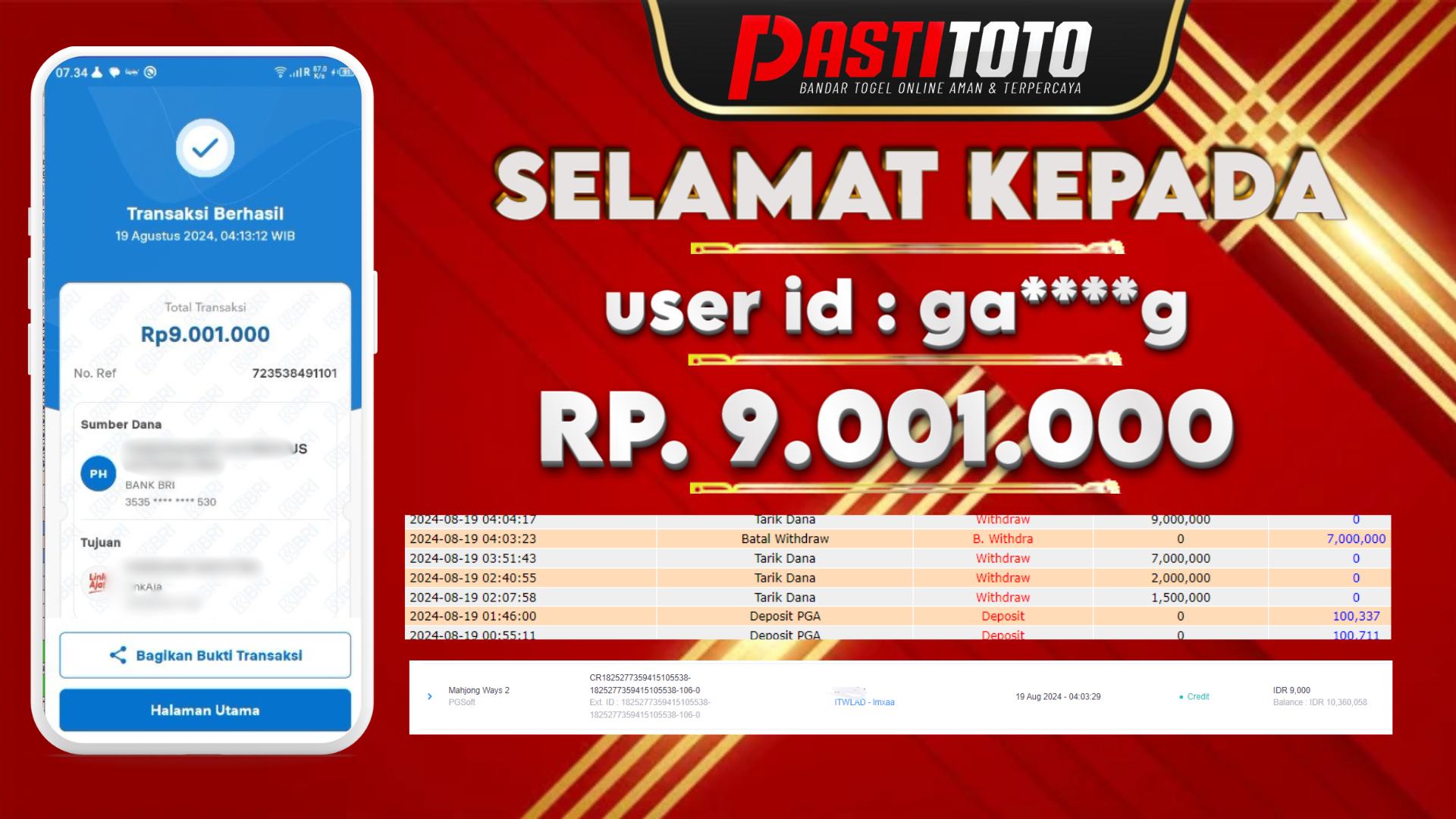 PASTITOTO JACKPOT SLOT GAME RP. 9.001.000,- LUNAS