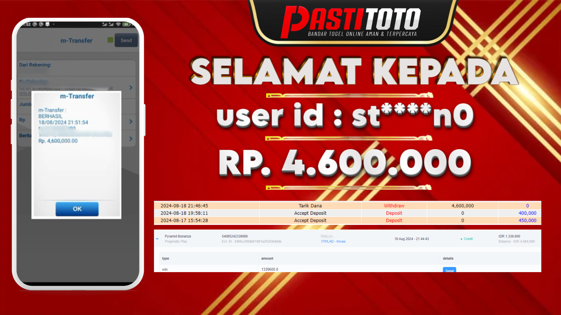 PASTITOTO JACKPOT SLOT GAME RP. 4.600.000,- LUNAS