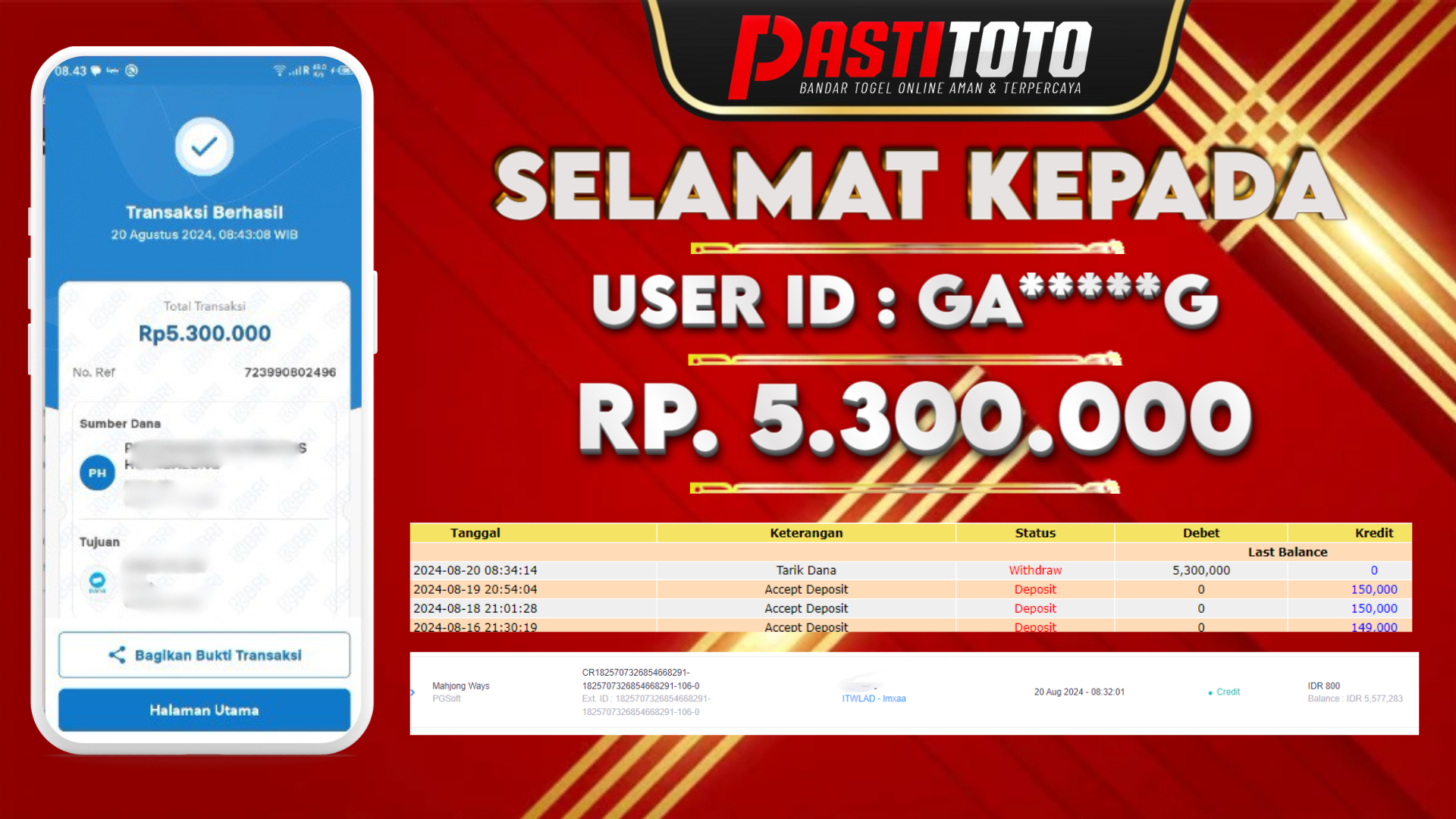 PASTITOTO JACKPOT SLOT GAME RP. 5.300.000,- LUNAS