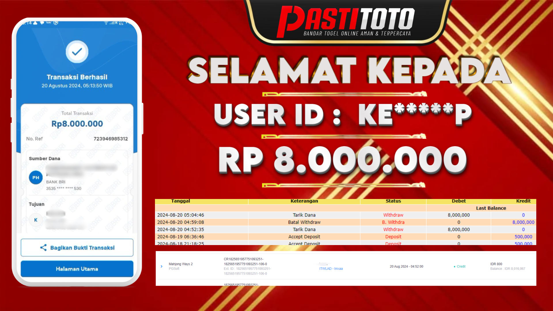 PASTITOTO JACKPOT SLOT GAME RP. 8.000.000,- LUNAS