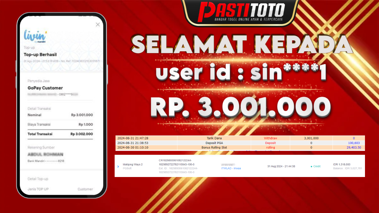 PASTITOTO JACKPOT SLOT GAME RP. 3.001.000,- LUNAS