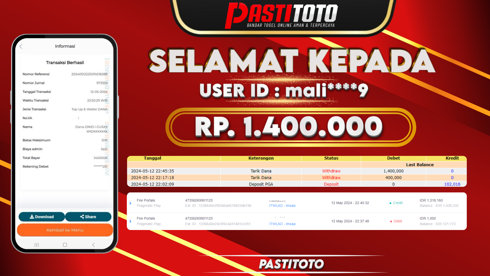 PASTITOTO JACKPOT SLOT GAME RP. 1.400.000,- LUNAS