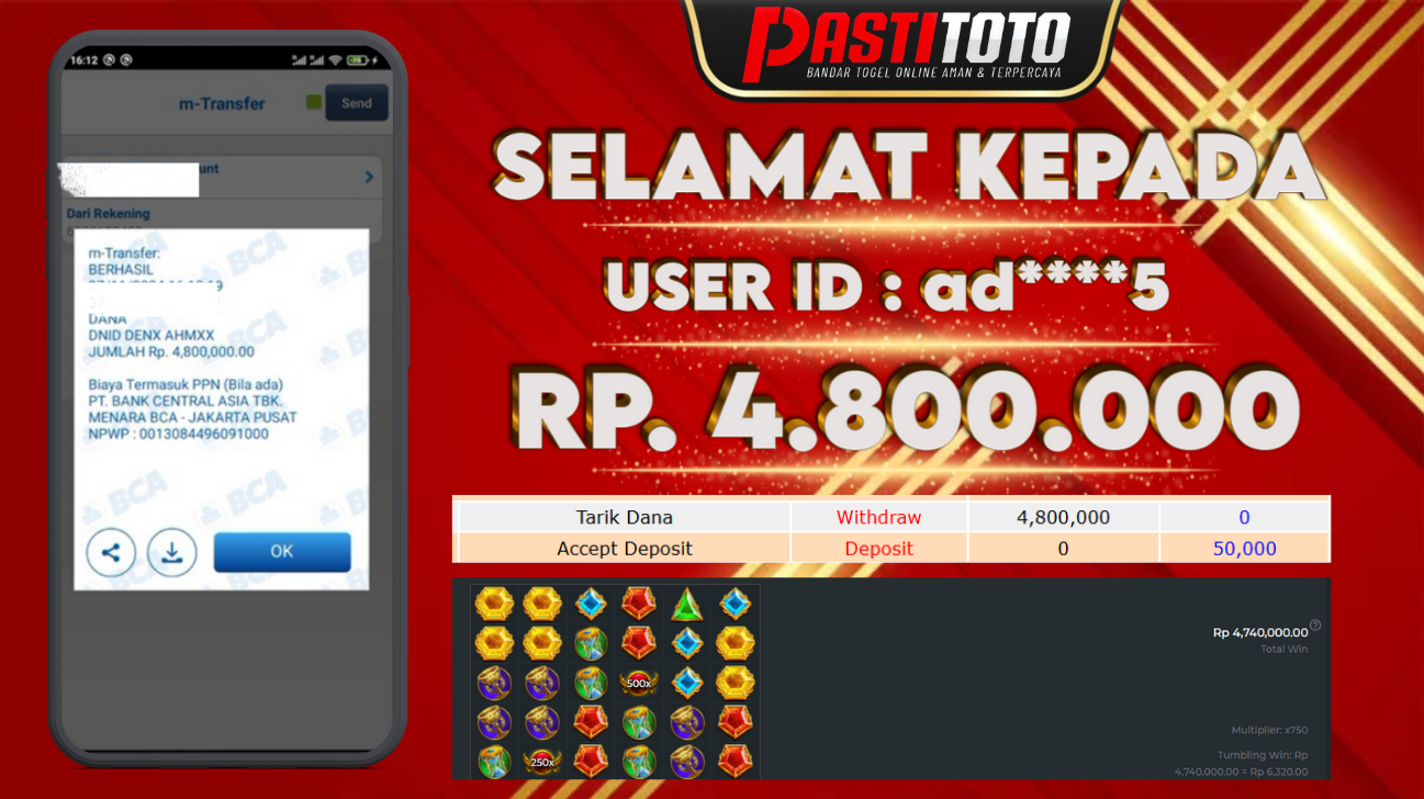 PASTITOTO JACKPOT SLOT GAME RP. 4.800.000,- LUNAS