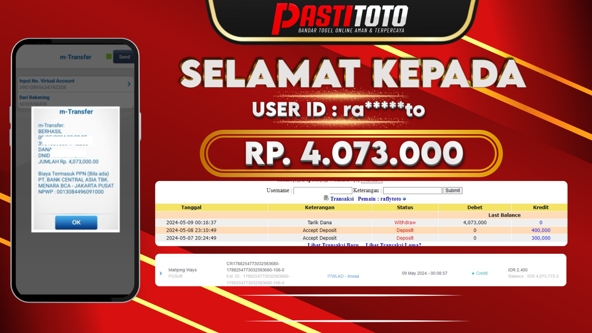 PASTITOTO JACKPOT SLOT GAME RP. 4.073.000,- LUNAS