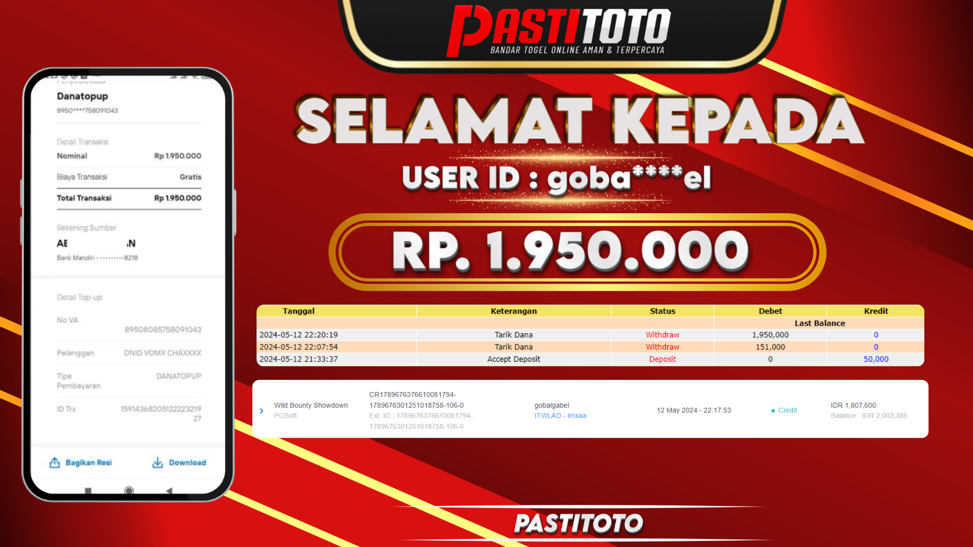 PASTITOTO JACKPOT SLOT GAME RP. 1.950.000,- LUNAS