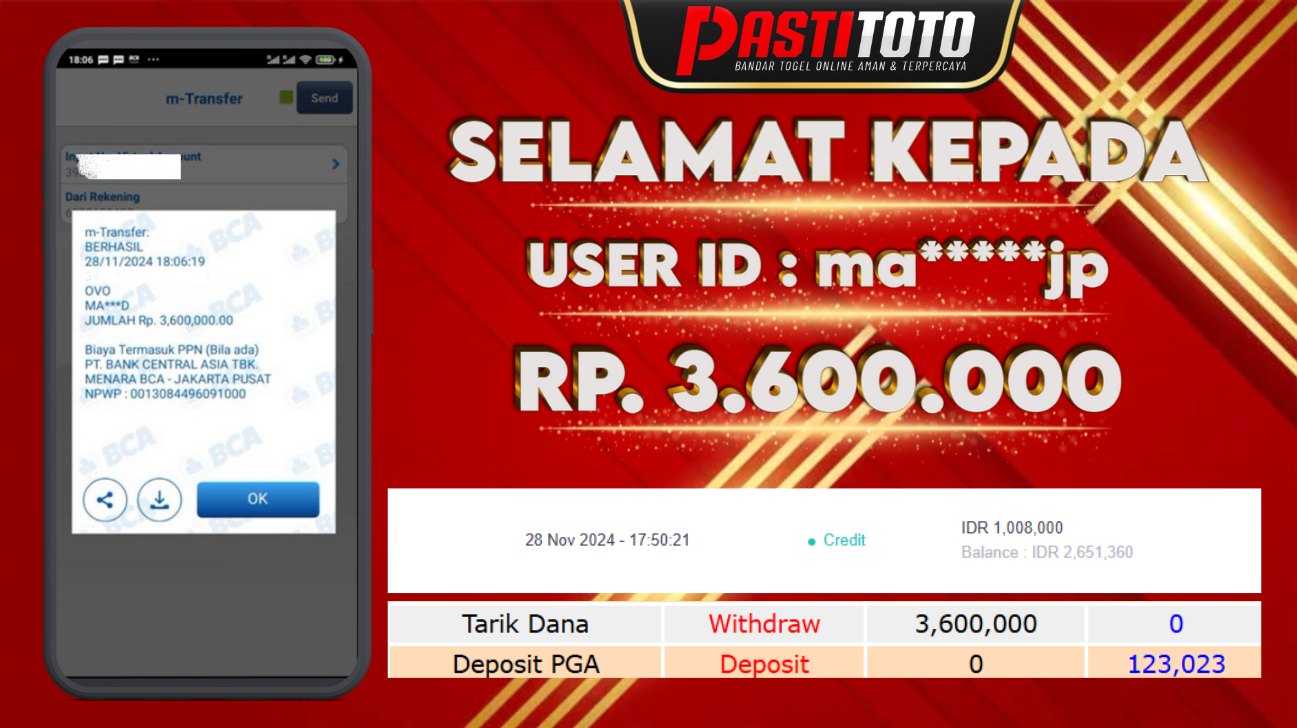 PASTITOTO JACKPOT SLOT GAME RP. 3.600.000,- LUNAS