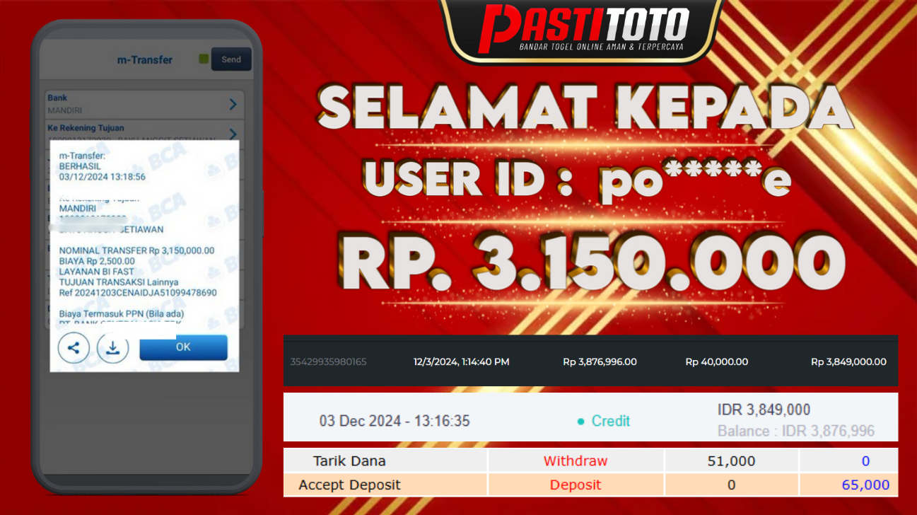 PASTITOTO JACKPOT SLOT GAME RP. 3.150.000,- LUNAS