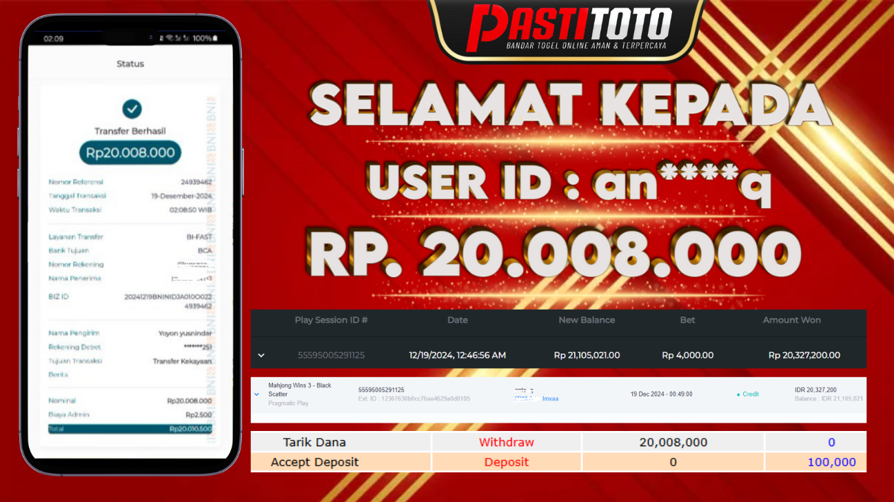 PASTITOTO JACKPOT SLOT GAME RP. 20.008.000,- LUNAS