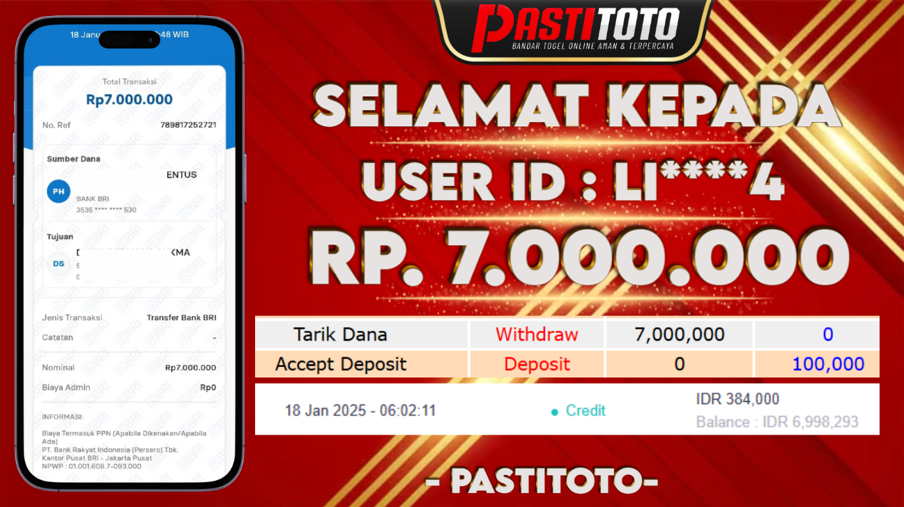 PASTITOTO JACKPOT SLOT GAME RP. 7.000.000,- LUNAS