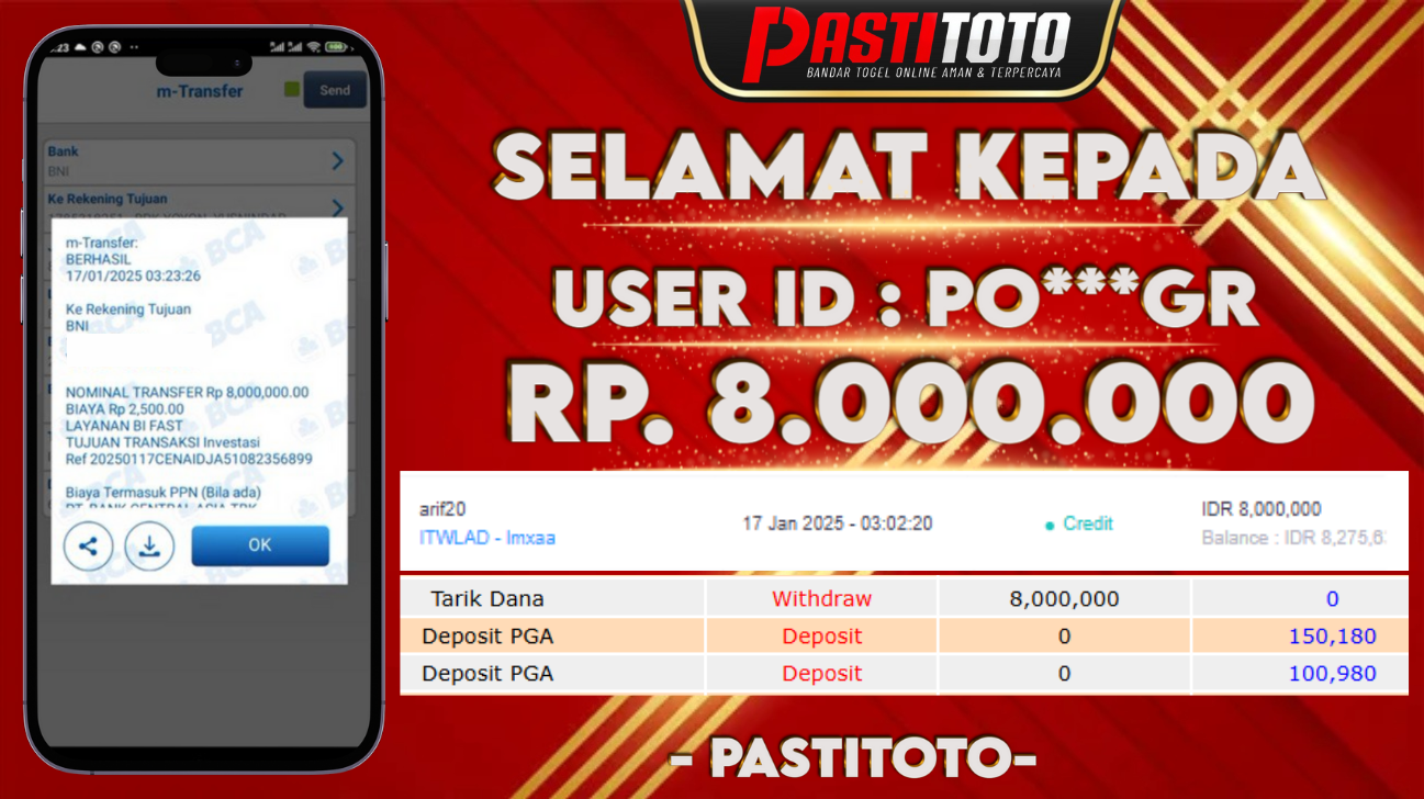 PASTITOTO JACKPOT SLOT GAME RP. 8.000.000,- LUNAS