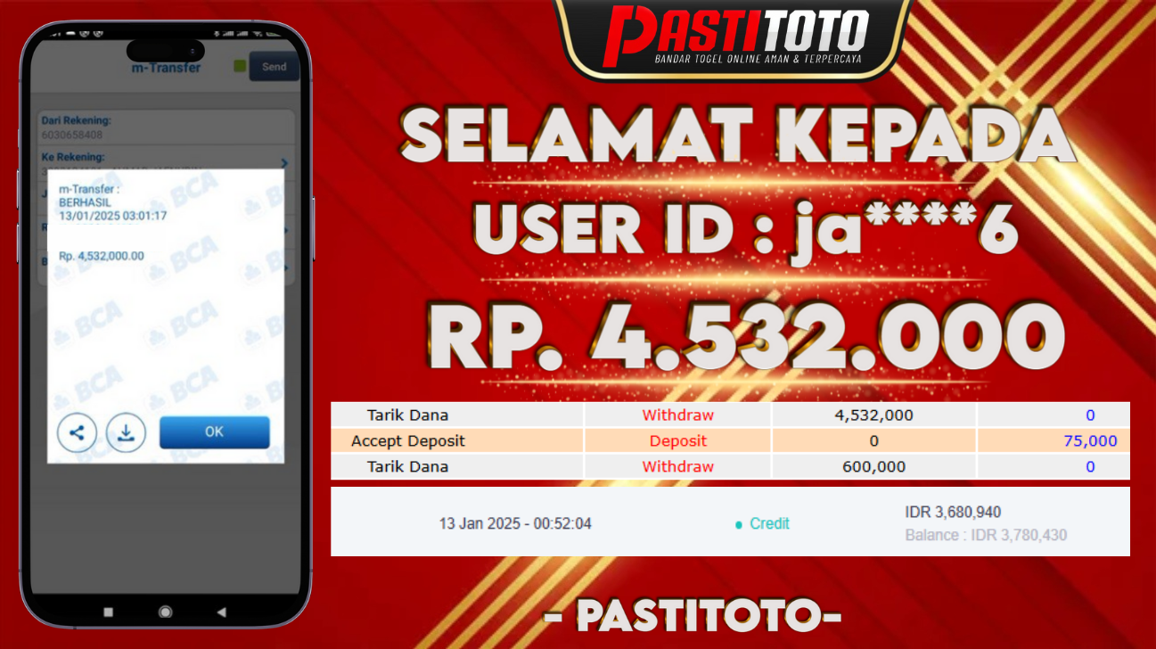 PASTITOTO JACKPOT SLOT GAME RP. 4.532.000,- LUNAS