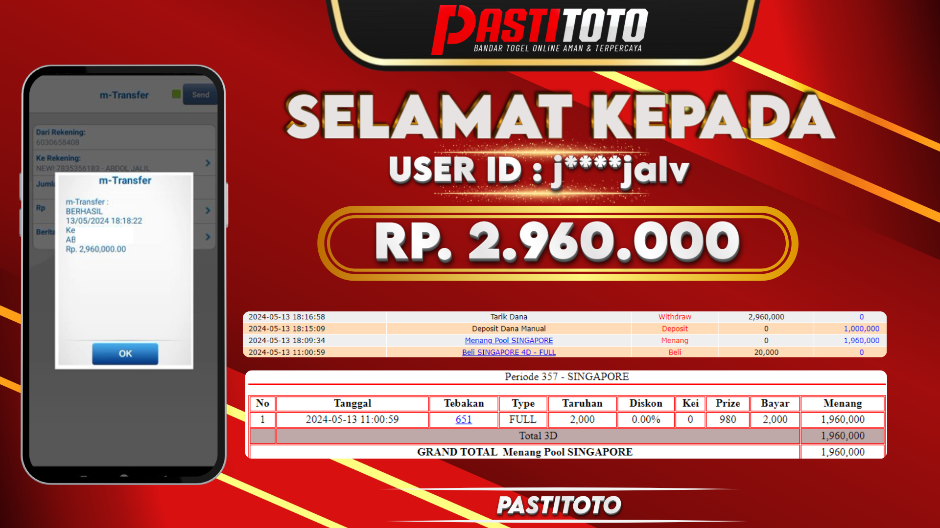 PASTITOTO JACKPOT TOGEL SINGAPORE RP. 2.960.000,- LUNAS