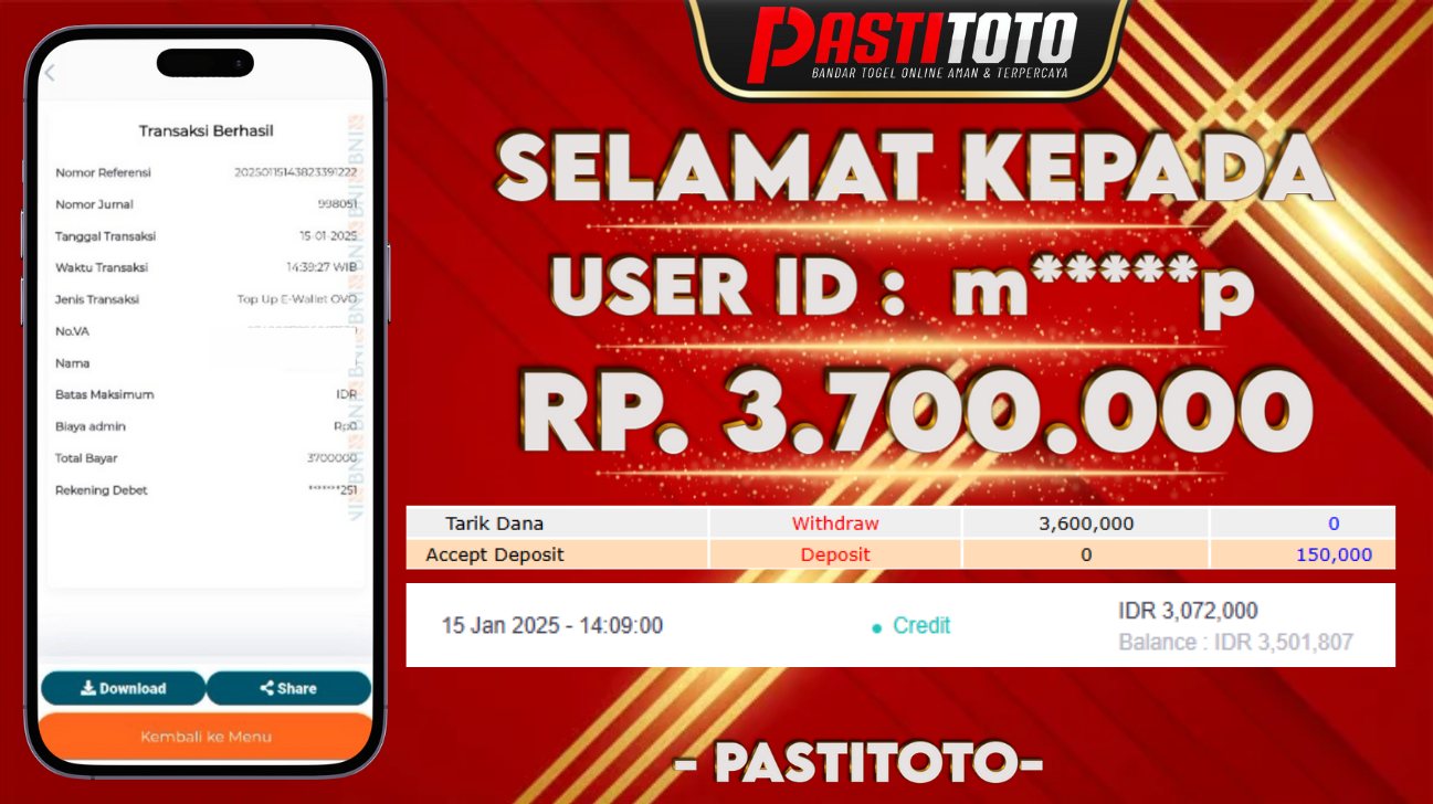 PASTITOTO JACKPOT SLOT GAME RP. 3.700.000,- LUNAS