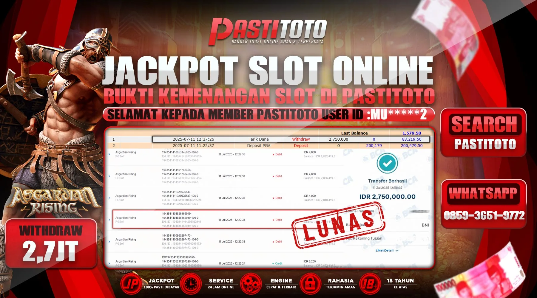 PASTITOTO JACKPOT SLOT ONLINE RP. 2.750.000,- LUNAS