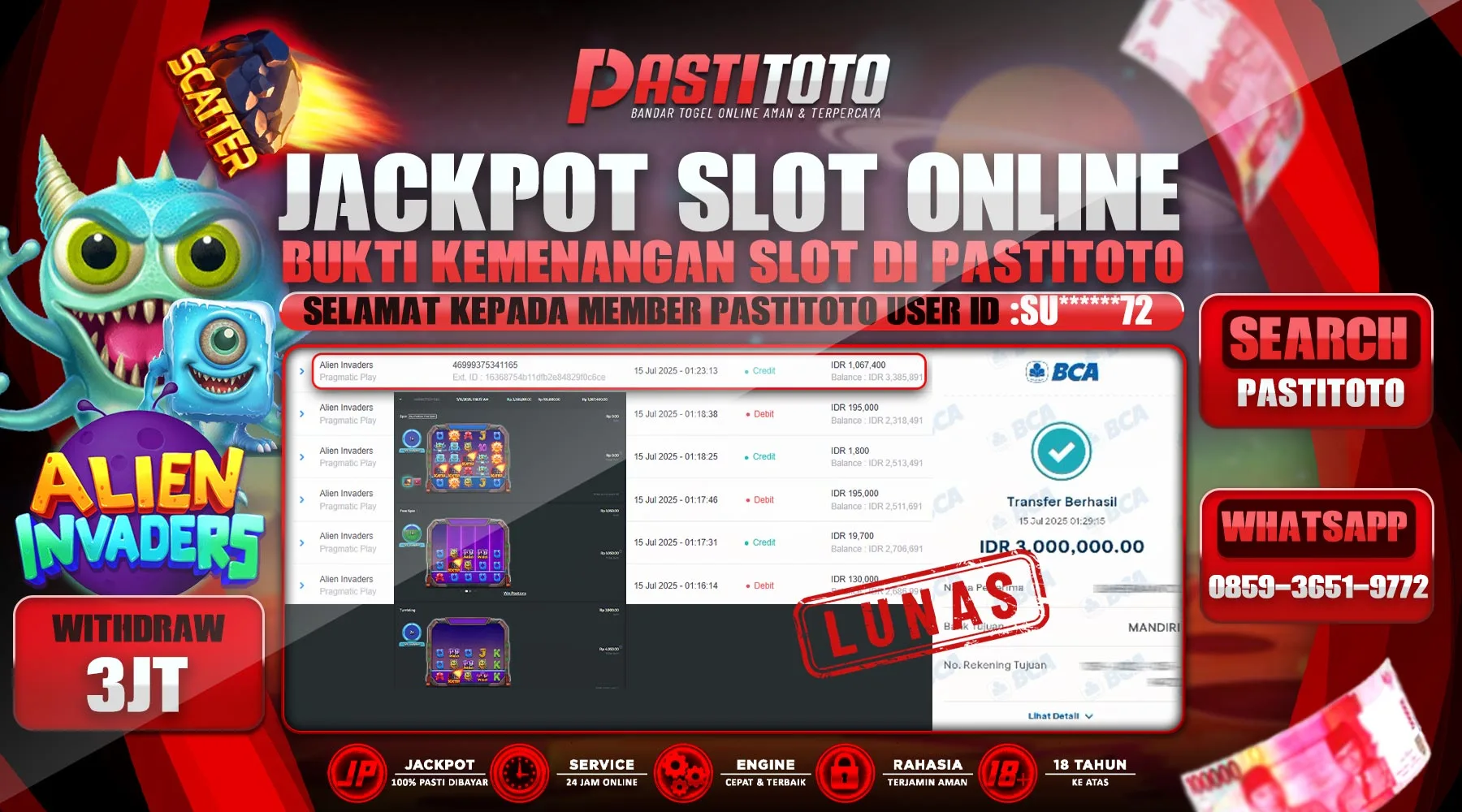 PASTITOTO JACKPOT SLOT ONLINE RP. 3.000.000,- LUNAS